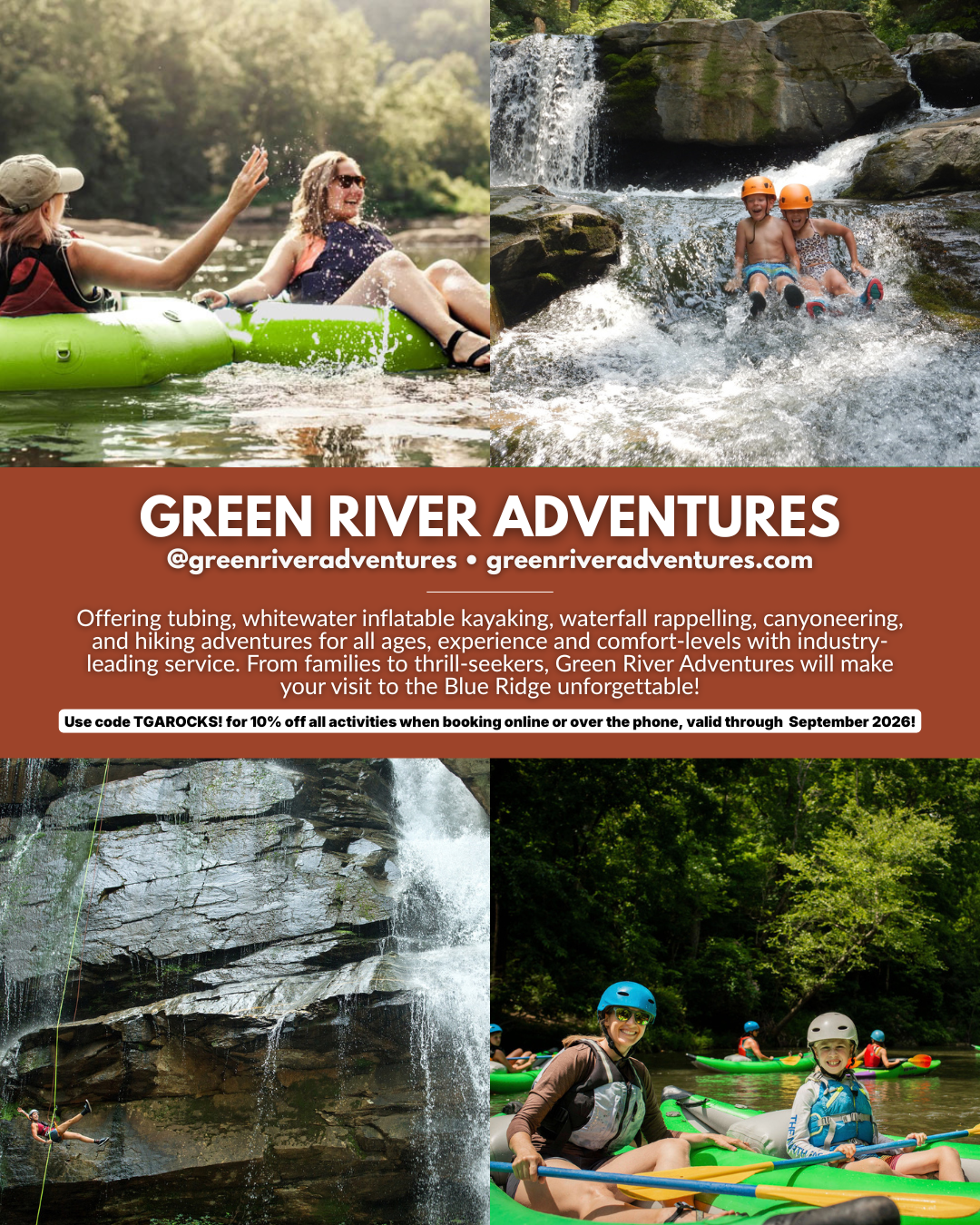 Green River Adventures near Asheville NC offering tubing, whitewater inflatable kayaking, waterfall rappelling, canyoneering, and family-friendly outdoor adventures in the Blue Ridge Mountains.