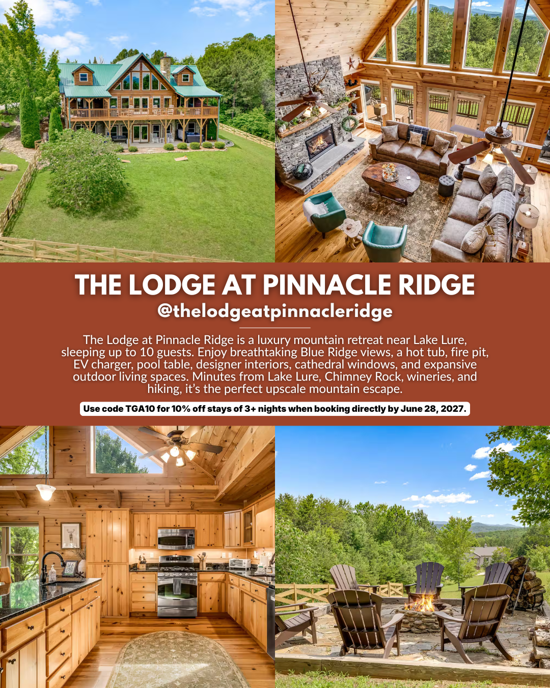 The Lodge at Pinnacle Ridge luxury mountain retreat near Lake Lure and Chimney Rock with long-range Blue Ridge Mountain views, featured in the 2026 Travel Guides Asheville luxury Airbnbs and vacation rentals guide.