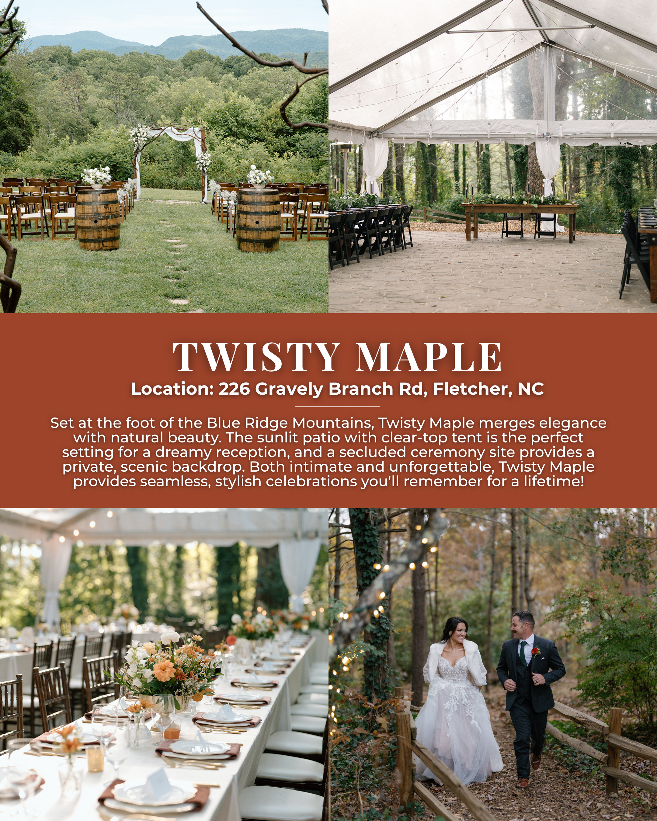 Twisty Maple wedding venue in Fletcher North Carolina featuring forest ceremony space, mountain setting, clear-top tent reception, and intimate outdoor wedding venue near Asheville