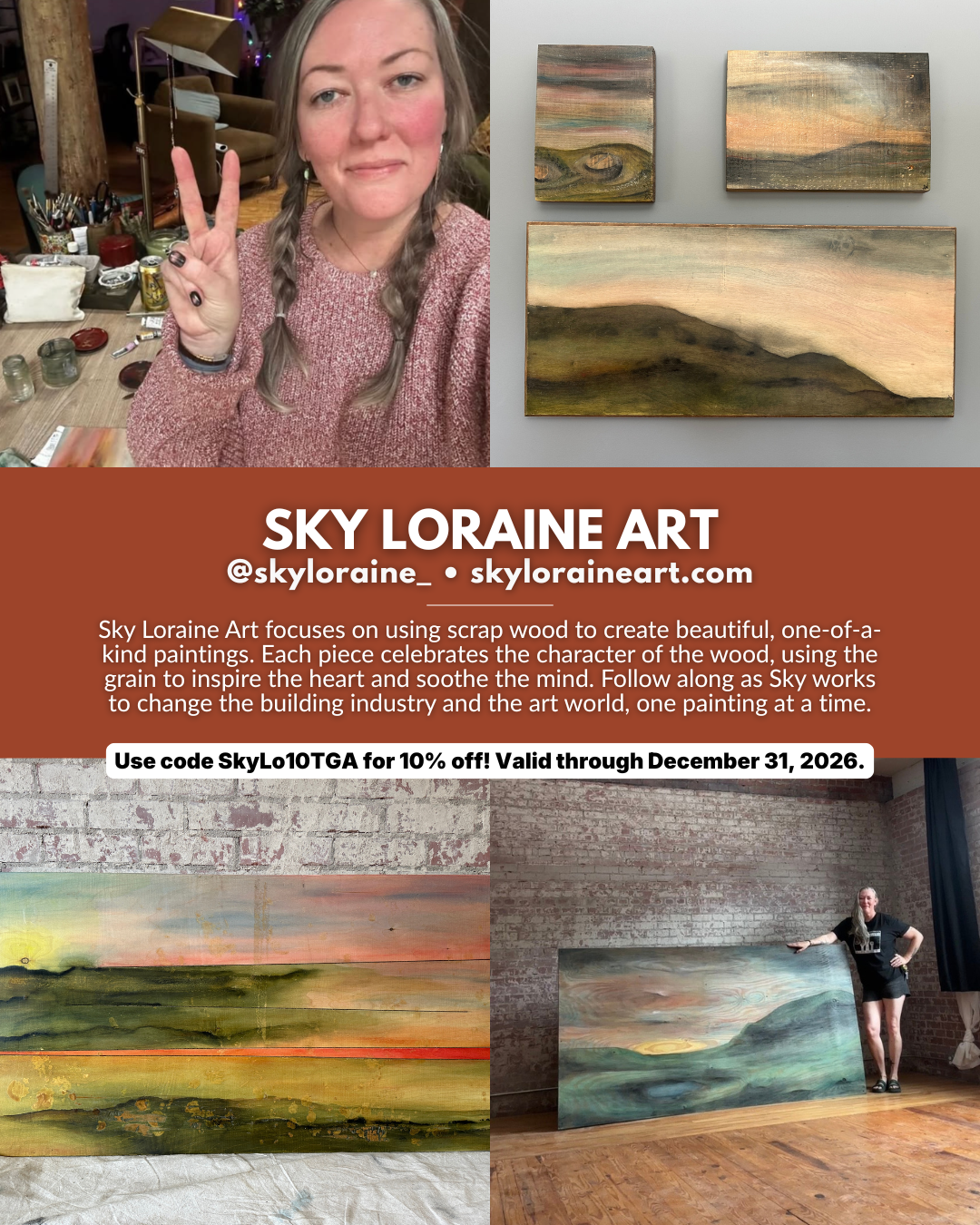 Sky Loraine Art in Western North Carolina, featuring original landscape paintings created on reclaimed and scrap wood.