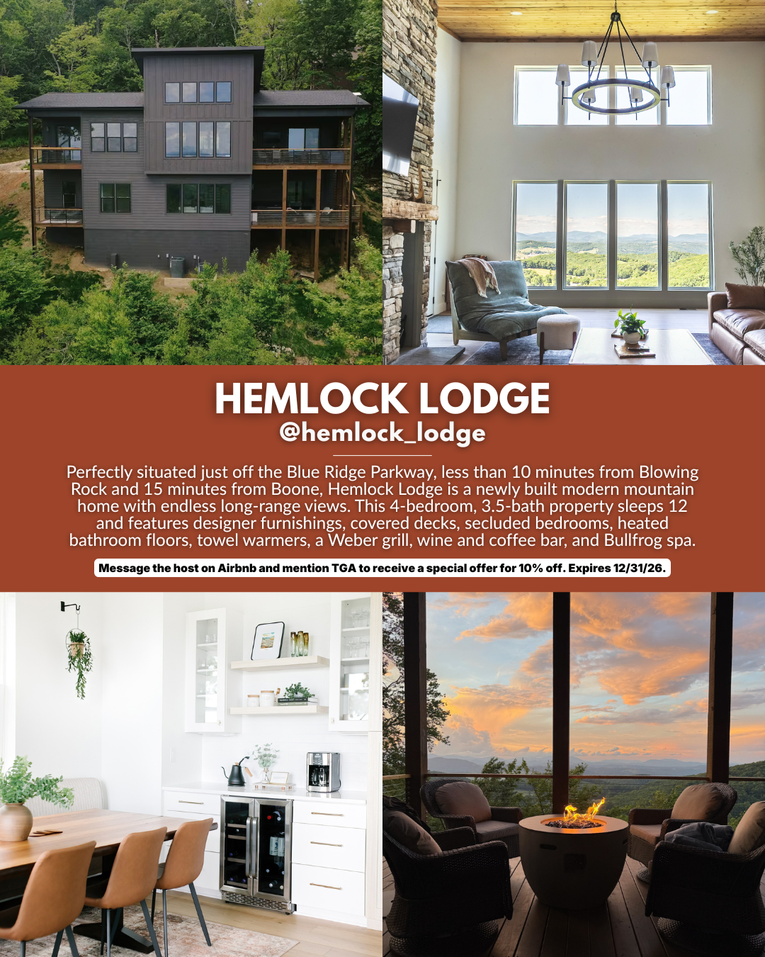 Hemlock Lodge modern mountain home near the Blue Ridge Parkway, Blowing Rock, and Boone with long-range mountain views, featured in the 2026 Travel Guides Asheville luxury Airbnbs and vacation rentals guide.