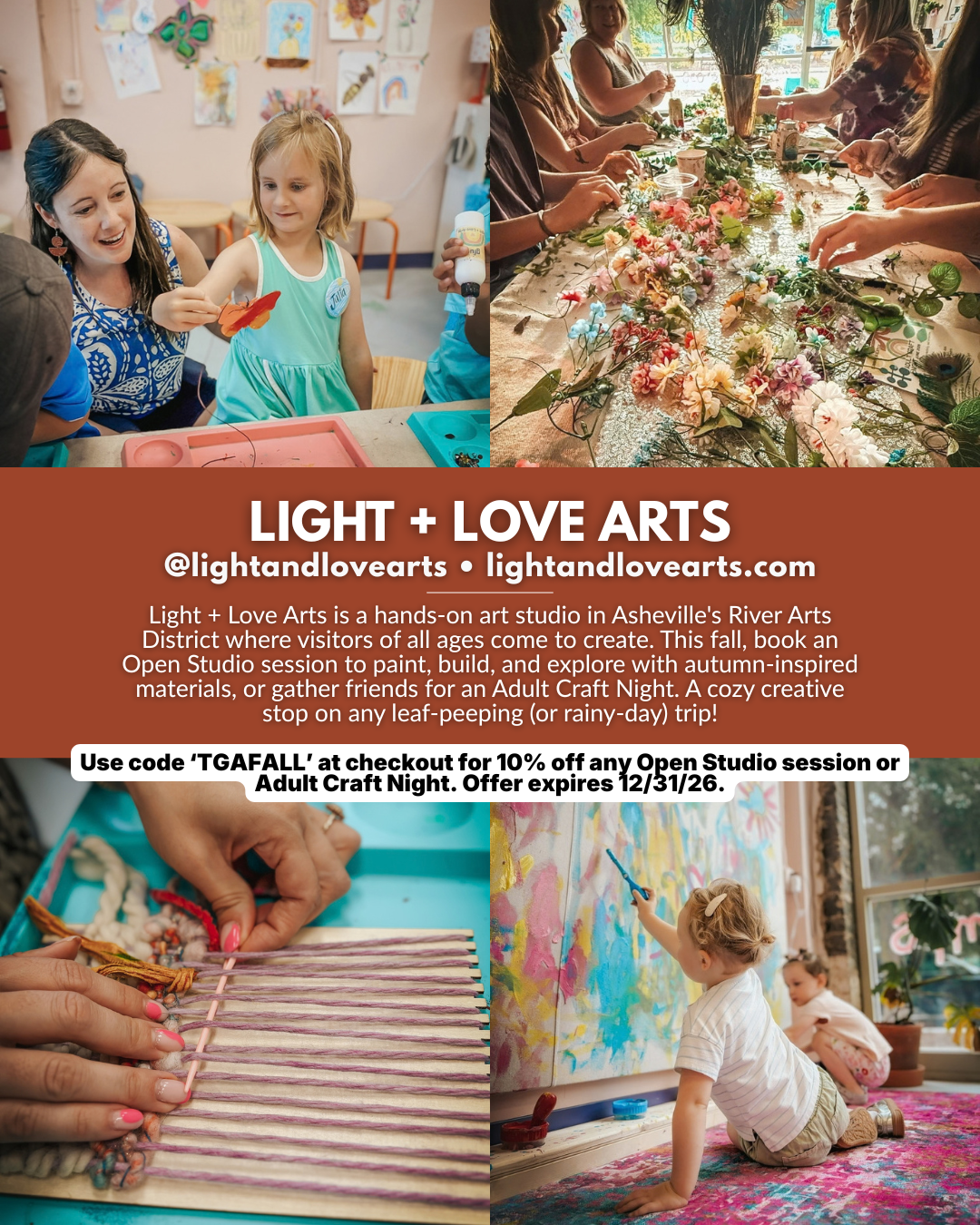 Fall art activities at Light + Love Arts in Asheville’s River Arts District for kids, families, and adults