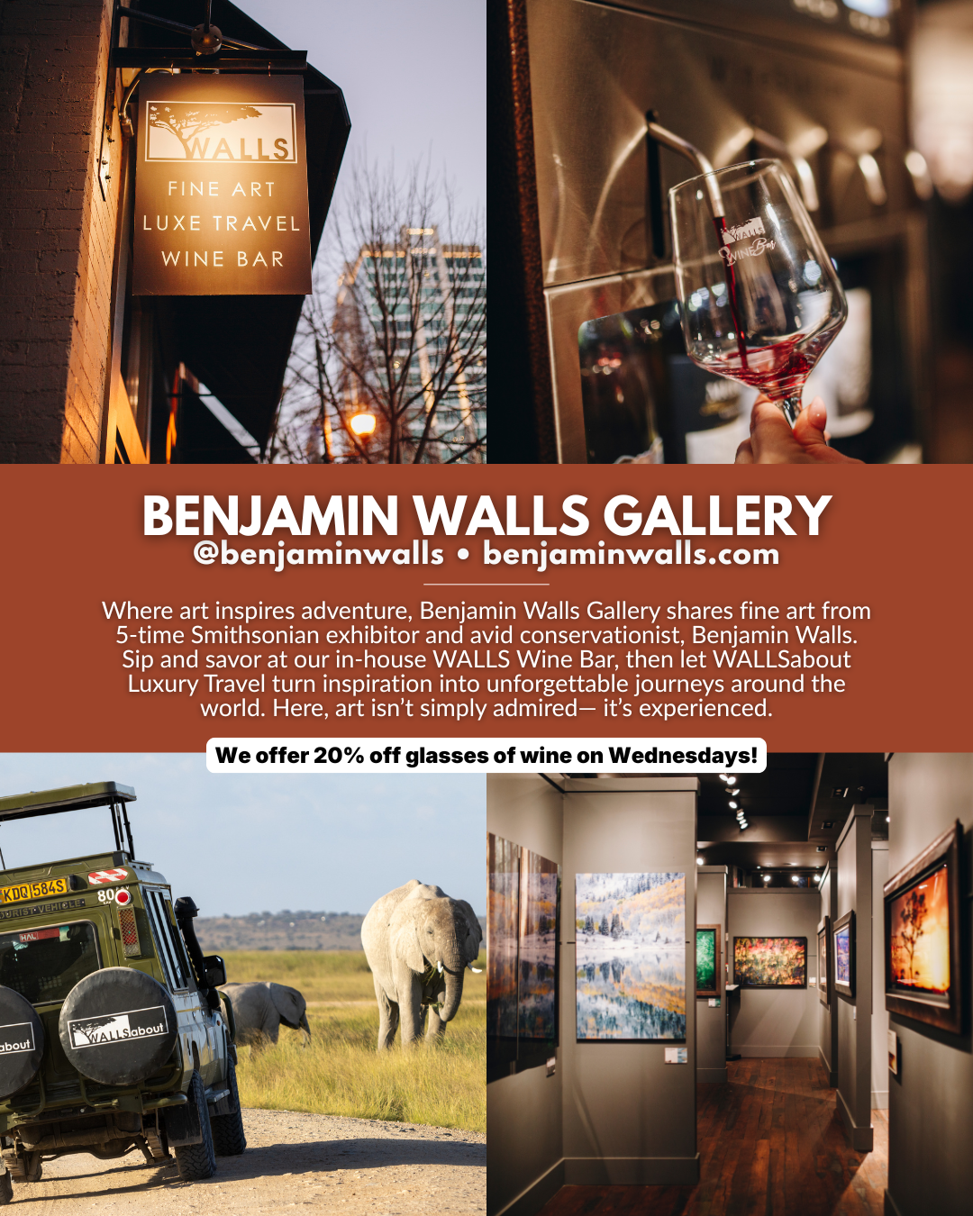 Benjamin Walls Gallery in downtown Asheville, NC, featuring fine art photography, the WALLS Wine Bar, and Benjamin Walls’ wildlife and travel photography.