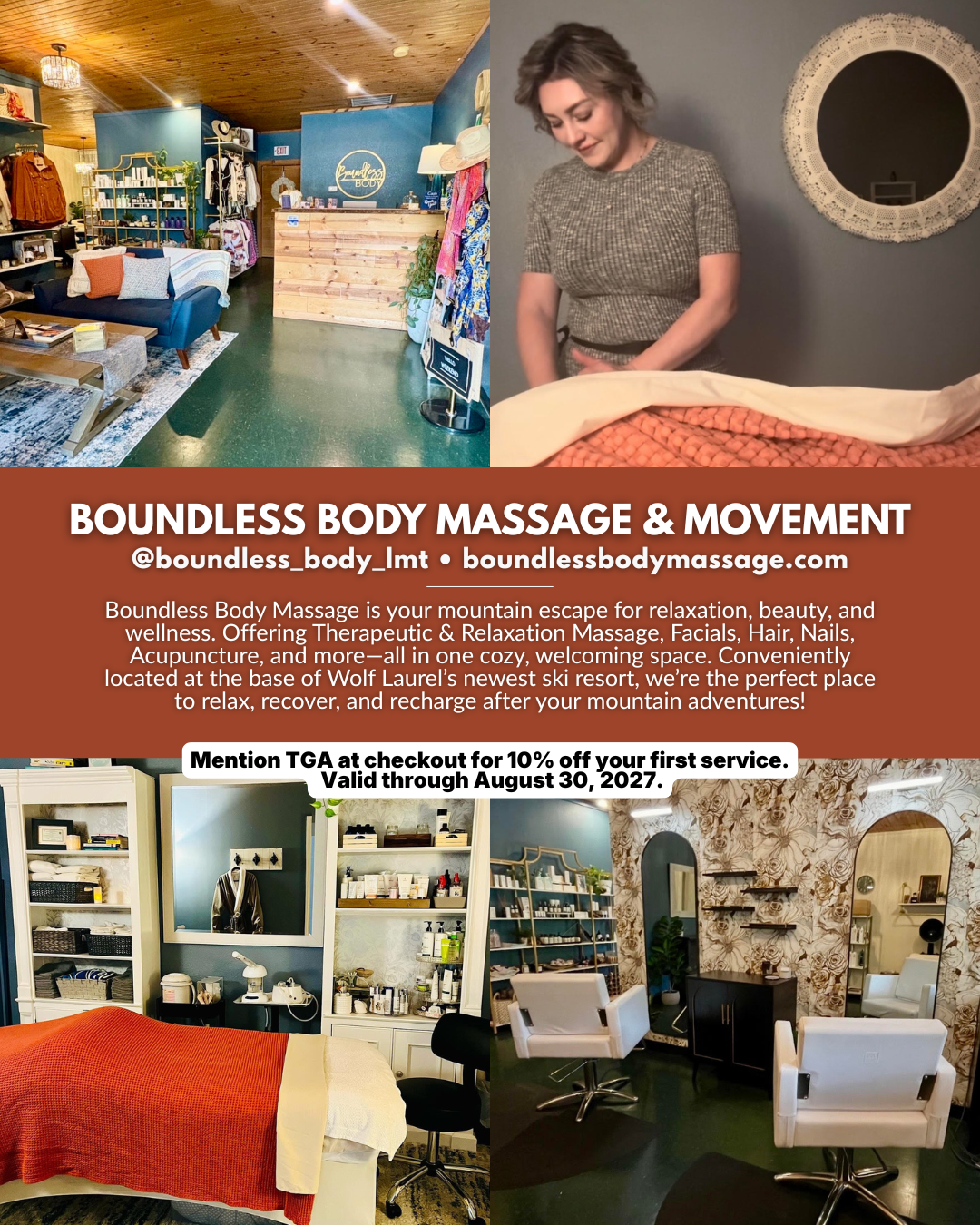 Boundless Body Massage & Movement near Wolf Laurel NC offering therapeutic massage, relaxation massage, facials, hair, nails, acupuncture, and wellness services.