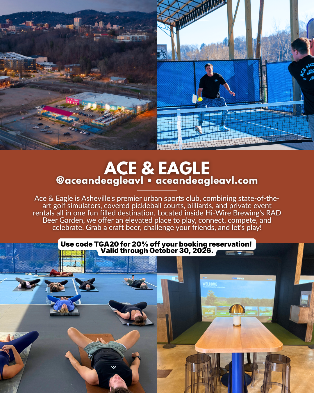 Ace & Eagle in Asheville, NC, featuring covered pickleball courts, golf simulators, fitness activities, and its urban sports club at Hi-Wire Brewing’s RAD Beer Garden.