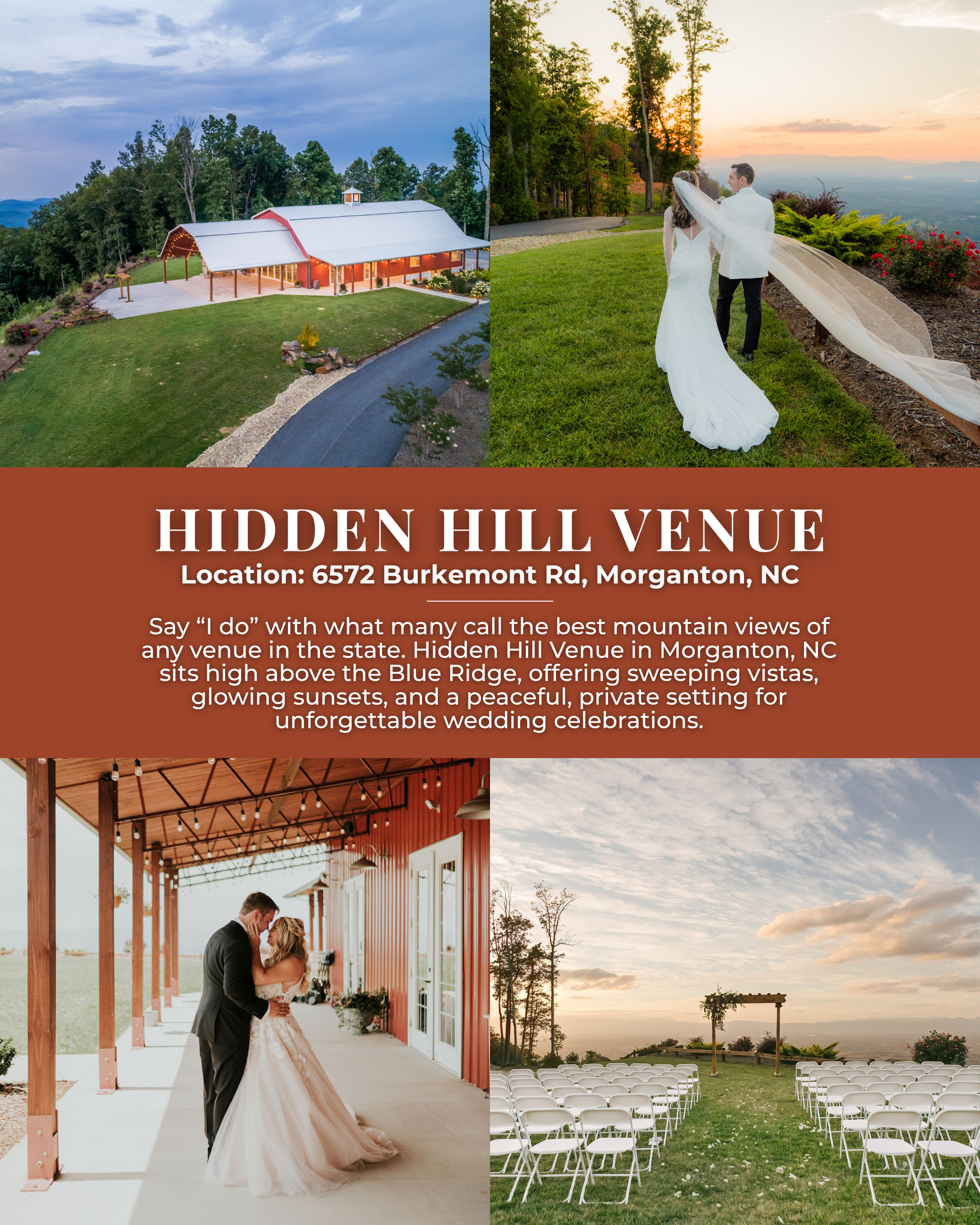 Hidden Hill Venue in Morganton North Carolina wedding venue with Blue Ridge Mountain views, outdoor ceremony space, and scenic sunset wedding setting