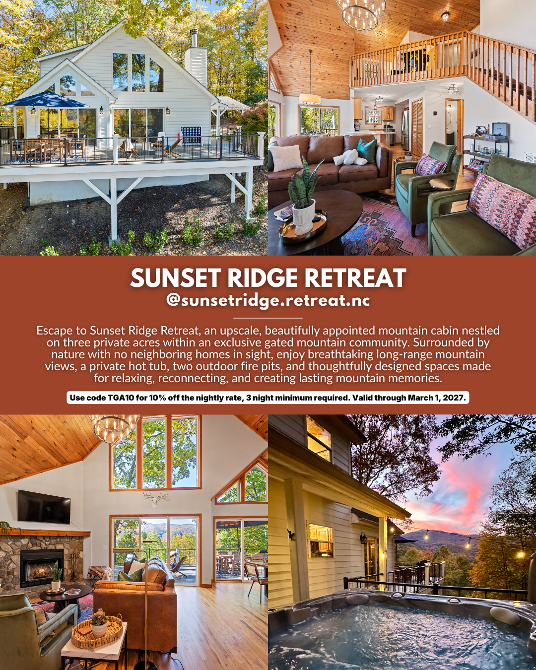 Sunset Ridge Retreat luxury mountain cabin with long-range Blue Ridge Mountain views, hot tub, fire pits, and private gated setting, featured in the 2026 Travel Guides Asheville luxury Airbnbs and vacation rentals guide.