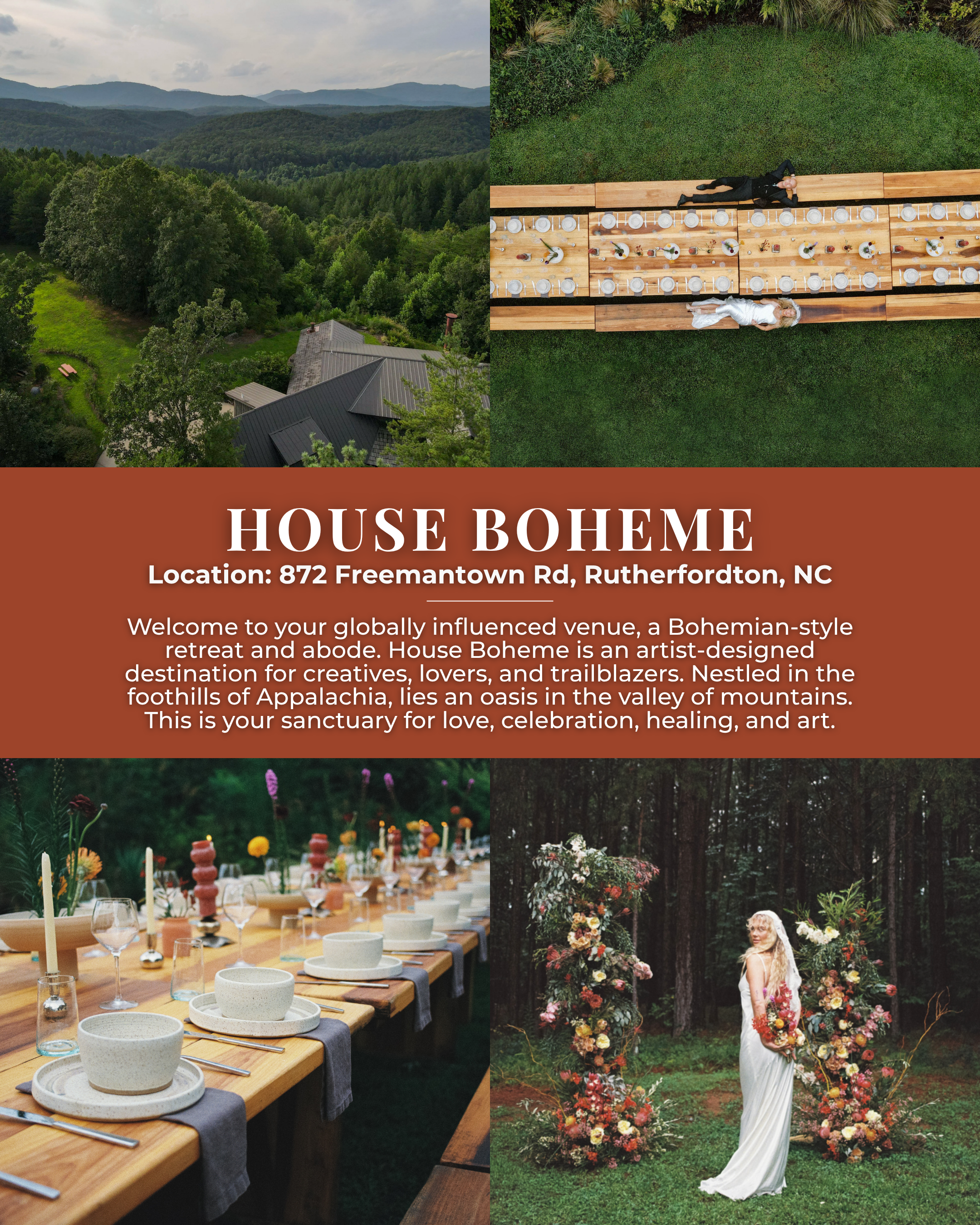 House Boheme wedding venue in Rutherfordton North Carolina featuring a bohemian mountain retreat setting, outdoor dining setup, and forest ceremony space in the Blue Ridge Mountains
