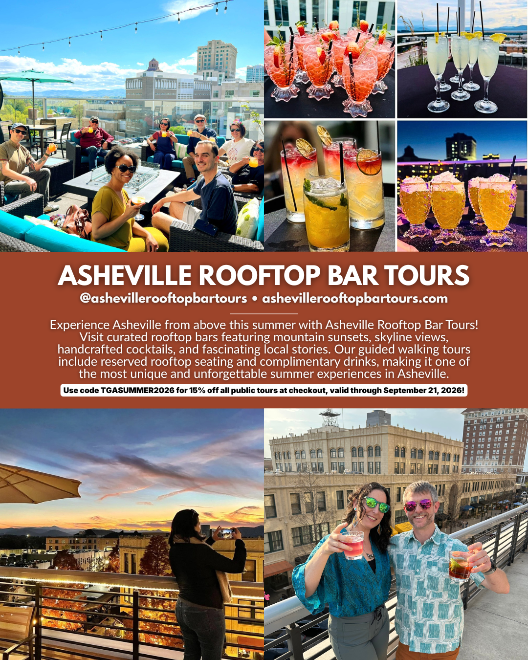 Asheville Rooftop Bar Tours in Asheville NC featuring guided rooftop bar tours, handcrafted cocktails, mountain sunset views, skyline views, reserved rooftop seating, and summer drinks.