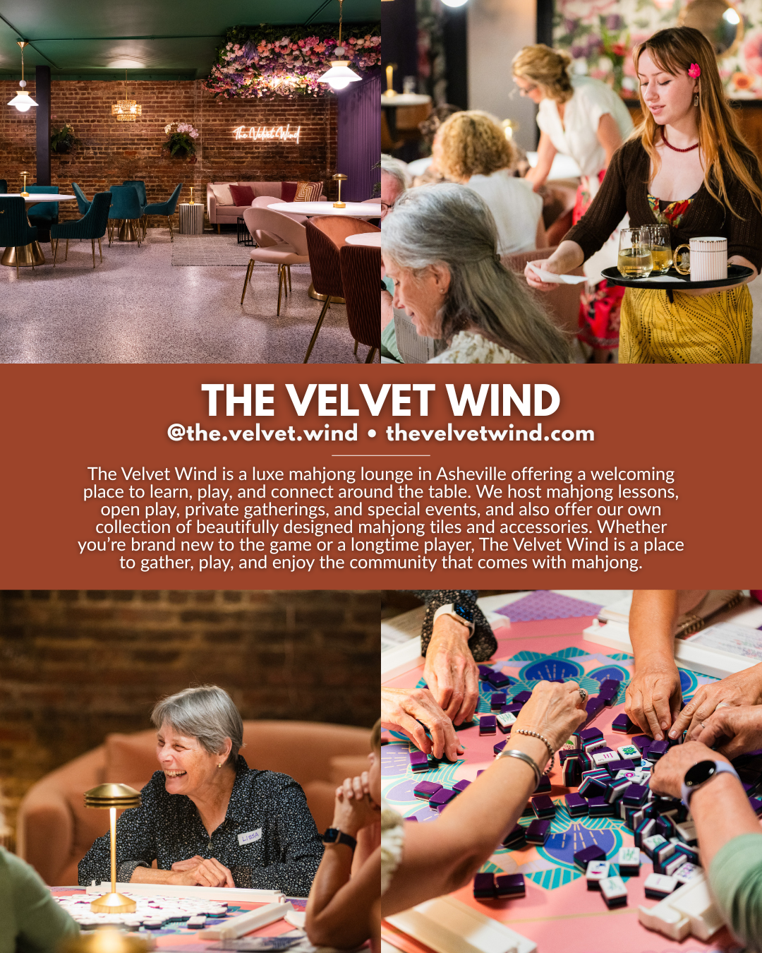 The Velvet Wind in Asheville, NC offering a luxe mahjong lounge with lessons, open play, private gatherings, special events, community game nights, and mahjong tiles and accessories.