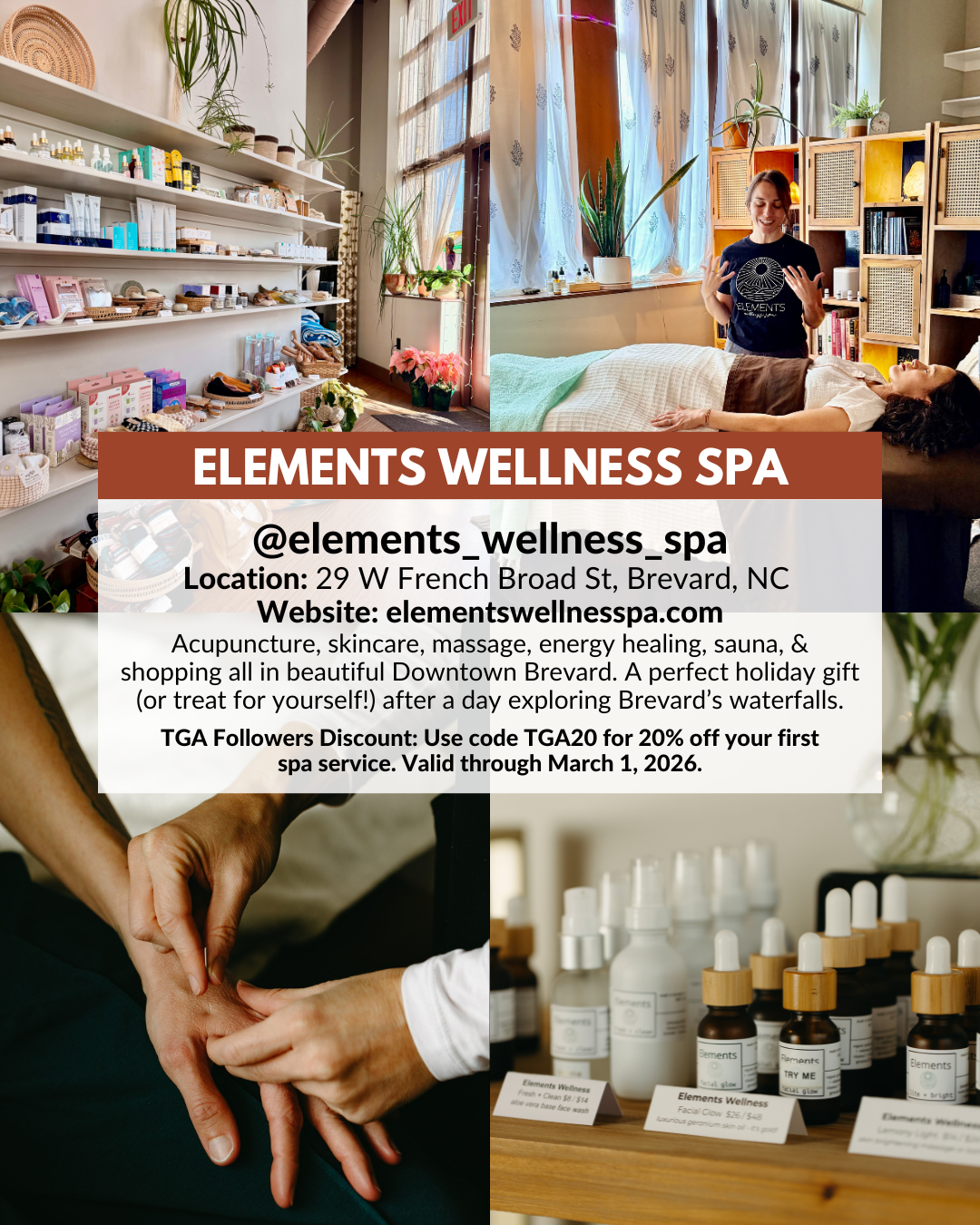 Elements Spa in Brevard offering holistic wellness services including acupuncture, massage, skincare, sauna, and holiday spa gift cards.