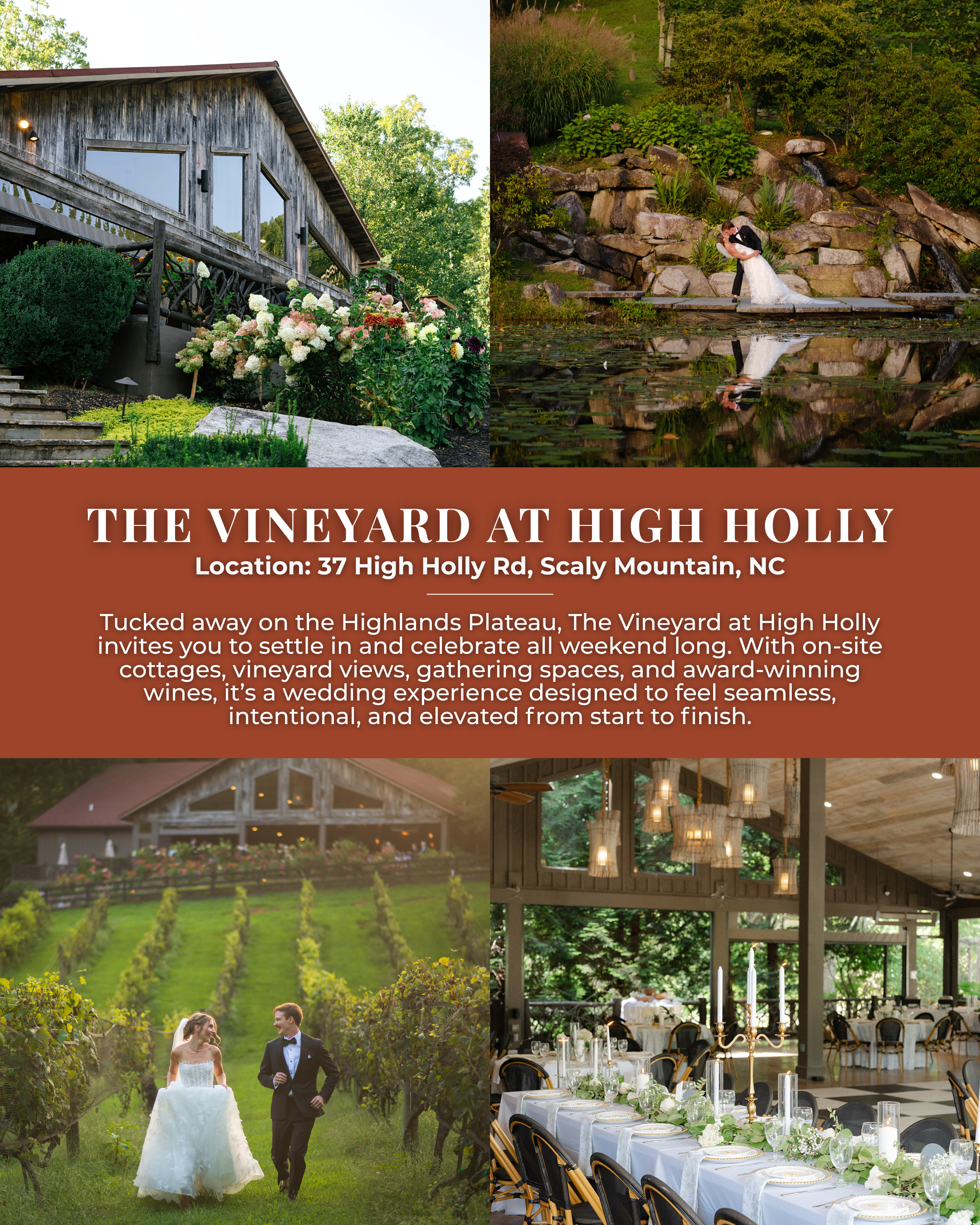 The Vineyard at High Holly wedding venue in Scaly Mountain North Carolina featuring vineyard views, mountain setting, outdoor ceremony space, and elegant reception venue