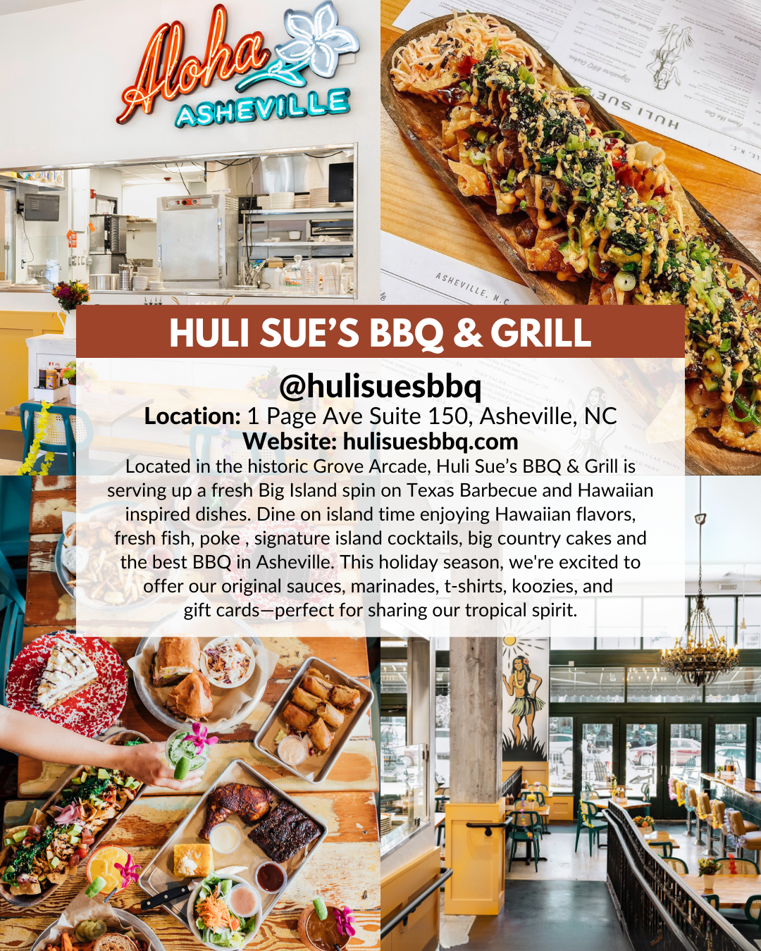 Huli Sue’s BBQ & Grill in Asheville’s Grove Arcade serving Hawaiian-inspired Texas barbecue, island cocktails, and holiday gift cards.