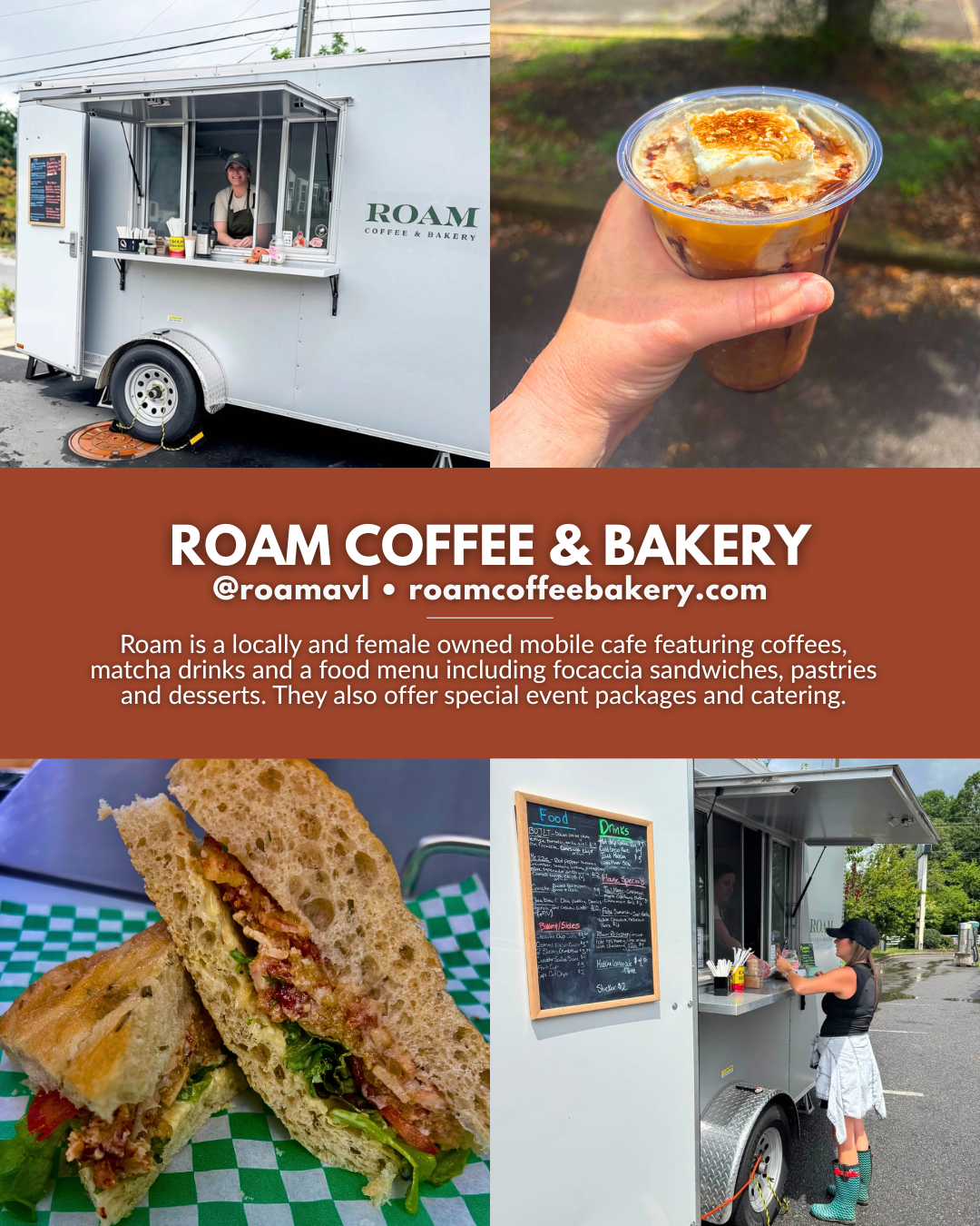 Roam Coffee & Bakery, an Asheville NC mobile coffee truck serving coffee, matcha, pastries, focaccia sandwiches, desserts, catering, and event packages.
