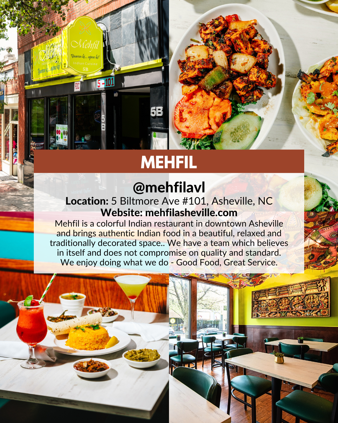 Mëhfil in downtown Asheville offering authentic Indian cuisine in a beautiful, relaxed space—perfect for holiday gift cards.