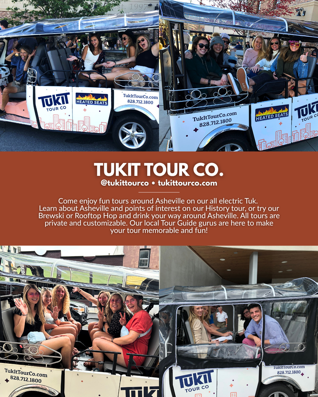 Tukit Tour Co. in Asheville NC offering private electric tuk tuk tours, history tours, rooftop hop tours, brewski tours, and customizable sightseeing experiences around downtown Asheville.