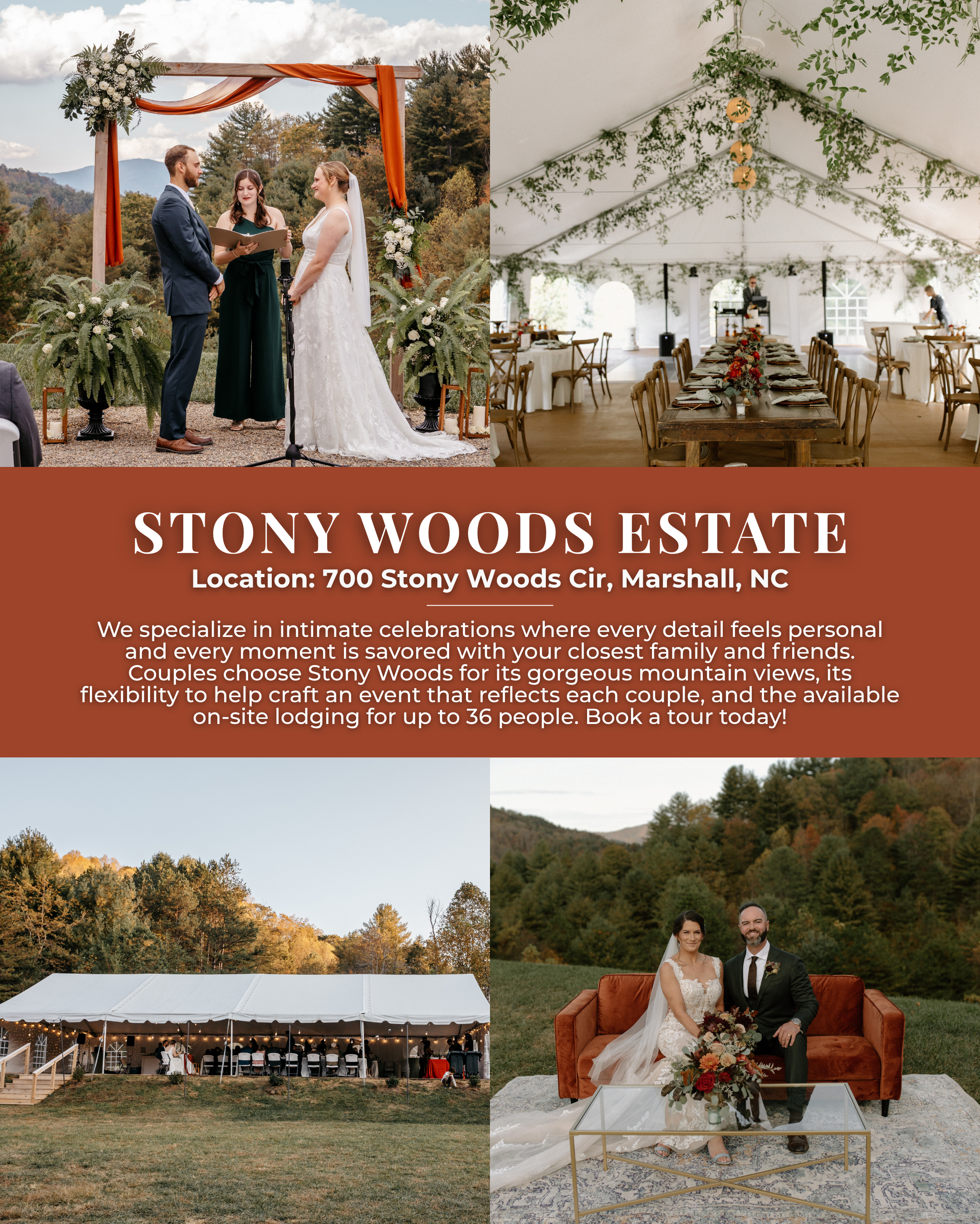 Stony Woods Estate wedding venue in Marshall North Carolina featuring intimate mountain ceremony space, tented reception, and on-site lodging for small weddings near Asheville