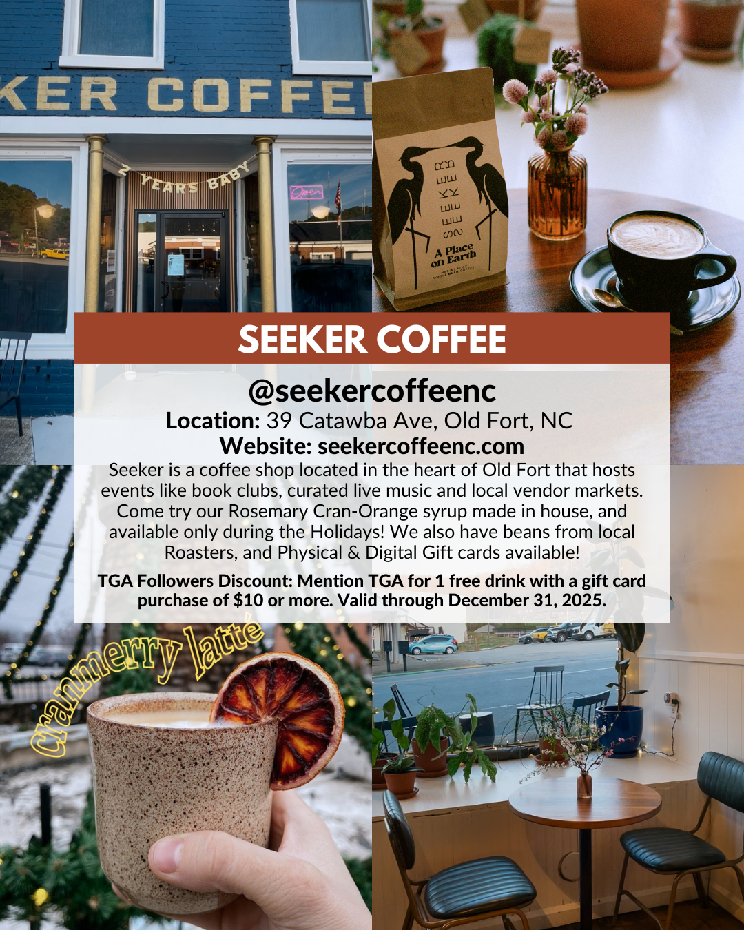 Seeker coffee shop in Old Fort near Asheville offering specialty coffee, local pastries, events, and holiday gift cards.