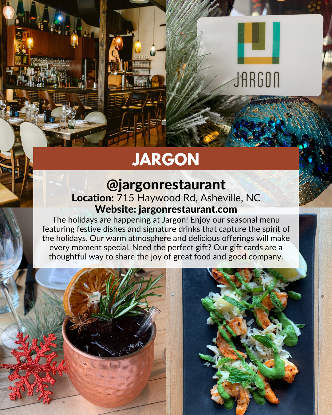 Jargon in Asheville offering festive seasonal dishes, signature holiday drinks, and gift cards for thoughtful holiday gifting.