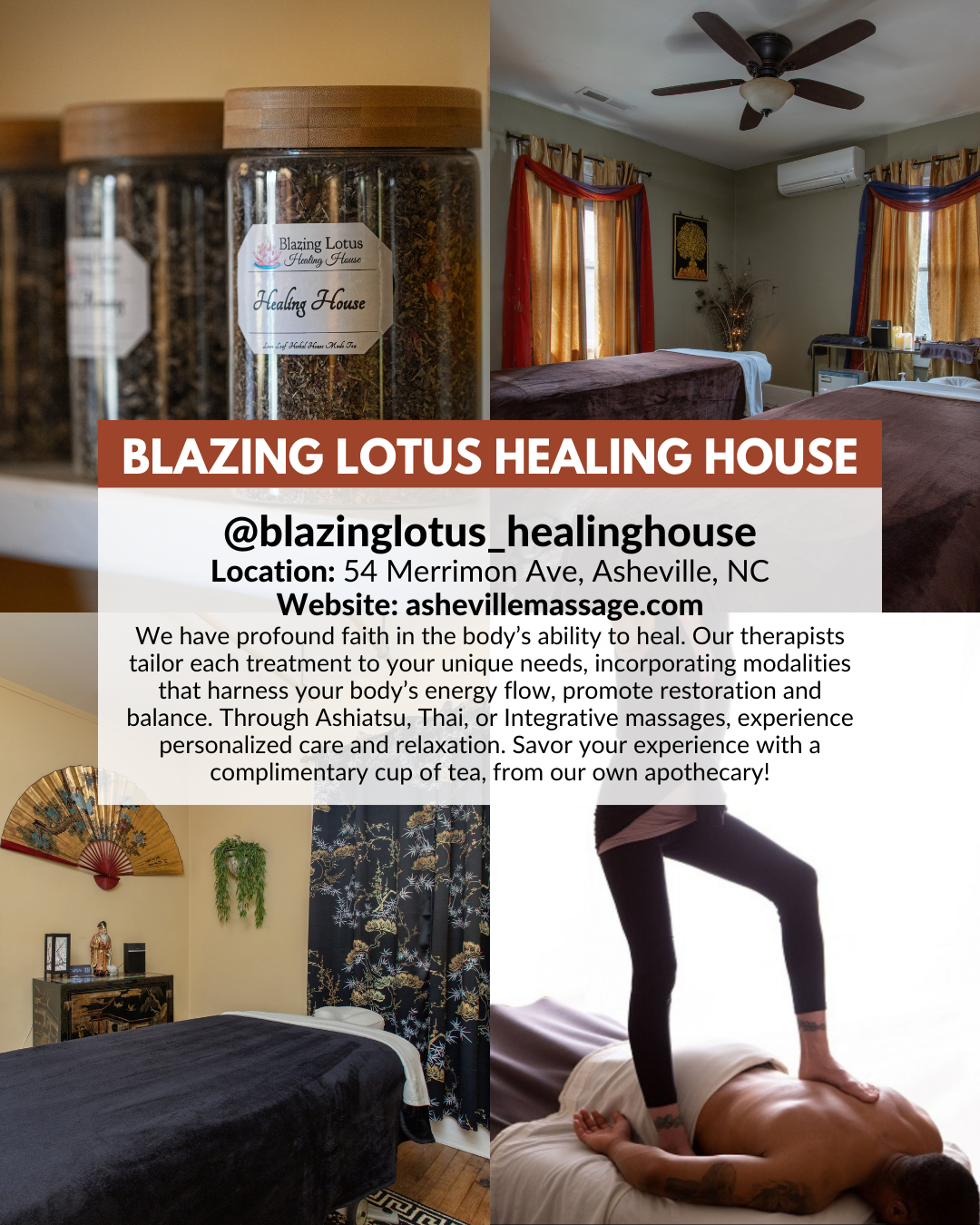 Blazing Lotus Healing House in Asheville offering integrative massage, Thai and Ashiatsu bodywork, enhancements, and holiday wellness gift cards.