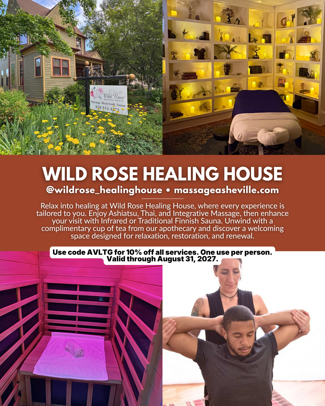 Wild Rose Healing House, an Asheville NC massage and sauna studio offering Ashiatsu, Thai massage, integrative massage, infrared sauna, and apothecary products.