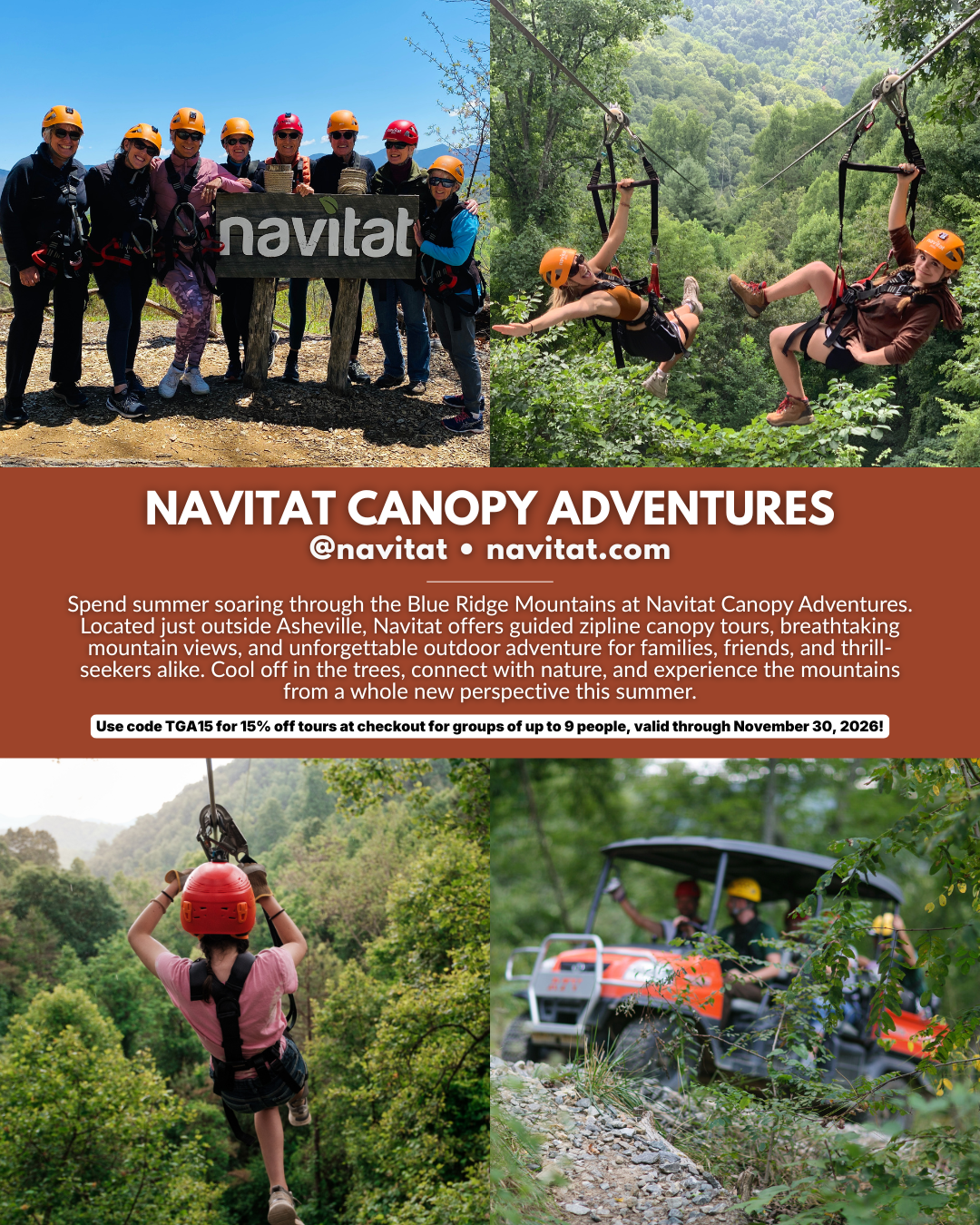 Navitat Canopy Adventures near Asheville NC offering guided zipline canopy tours, Blue Ridge Mountain views, outdoor adventure, and summer activities for families, friends, and groups.