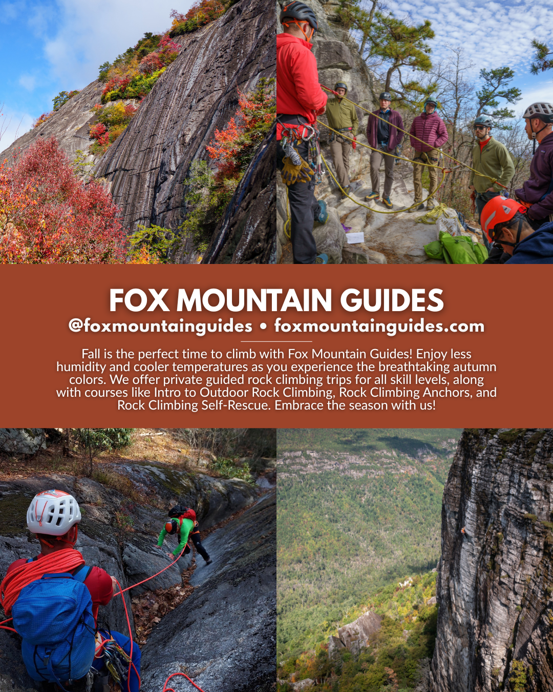 Fall rock climbing with Fox Mountain Guides near Asheville, North Carolina in the Blue Ridge Mountains