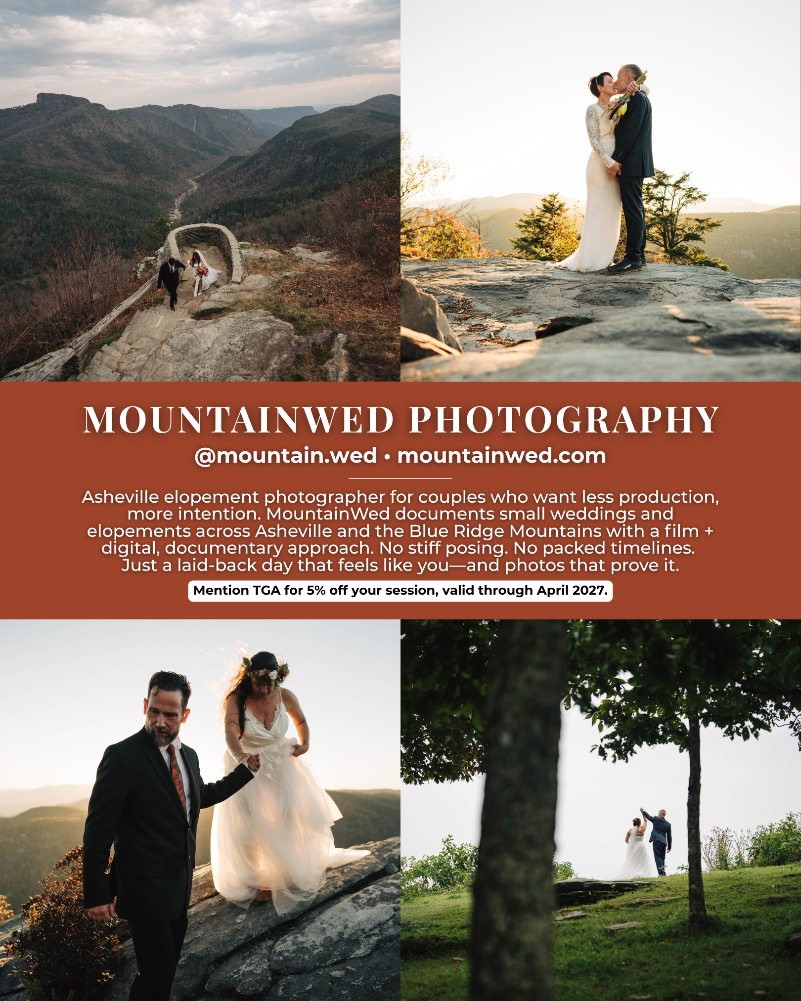 MountainWed Photography, an Asheville elopement photographer specializing in Blue Ridge Mountain elopements, small weddings, and documentary-style wedding photography.