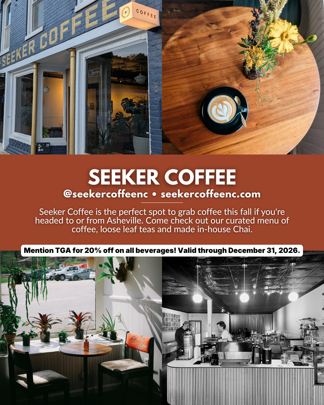 Seeker Coffee, a coffee shop near Asheville NC serving coffee, loose leaf tea, and house-made chai.