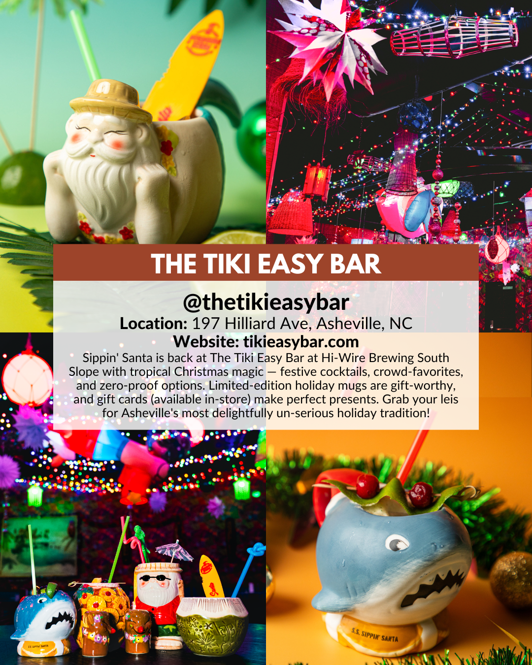 The Tiki Easy Bar’s Sippin’ Santa pop-up in Asheville featuring tropical holiday cocktails, zero-proof drinks, festive mugs, and gift cards.