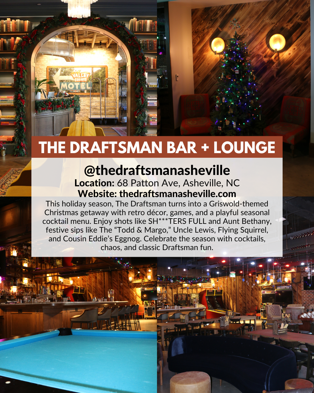 The Draftsman in downtown Asheville, a lively bar and game lounge with bowling, arcade games, cocktails, and holiday gift cards.
