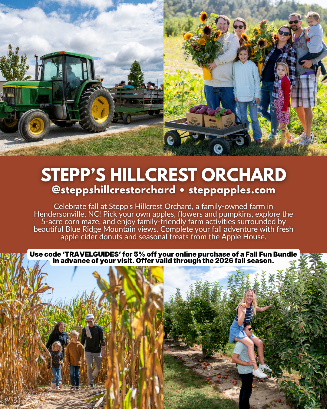Apple picking at Stepp’s Hillcrest Orchard in Hendersonville, North Carolina during fall in the Blue Ridge Mountains