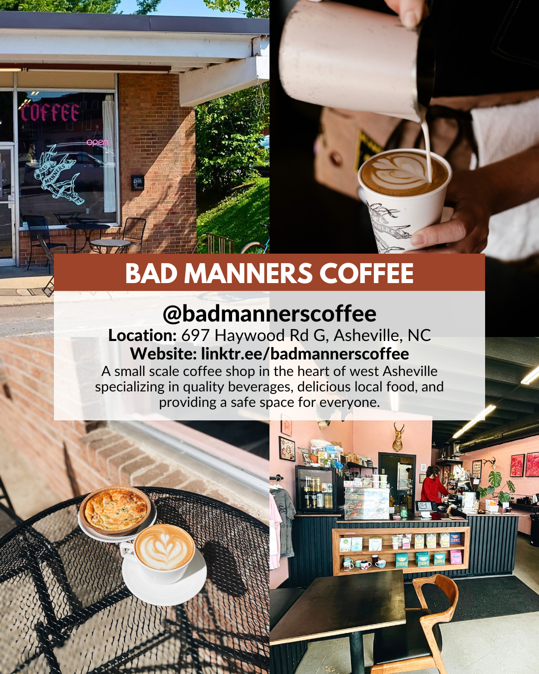 Bad Manners Coffee, a queer woman–owned West Asheville shop offering quality drinks, local food, and holiday gift cards.
