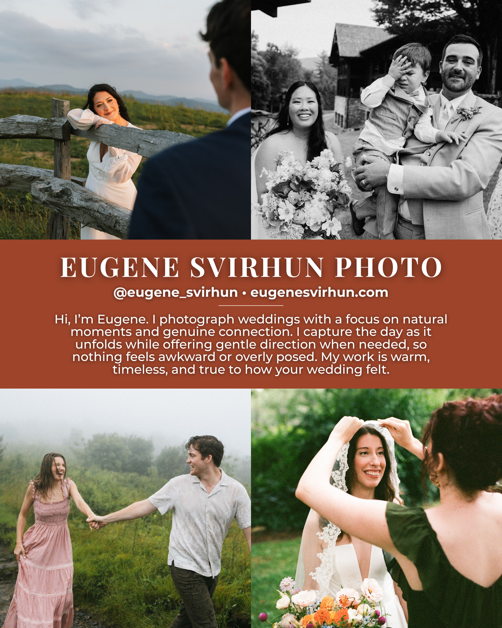 Eugene Svirhun Photo, an Asheville, NC wedding photographer specializing in warm, natural wedding photography and mountain elopements, featured in Travel Guides Asheville’s Best Wedding Photographers in and around Asheville guide.
