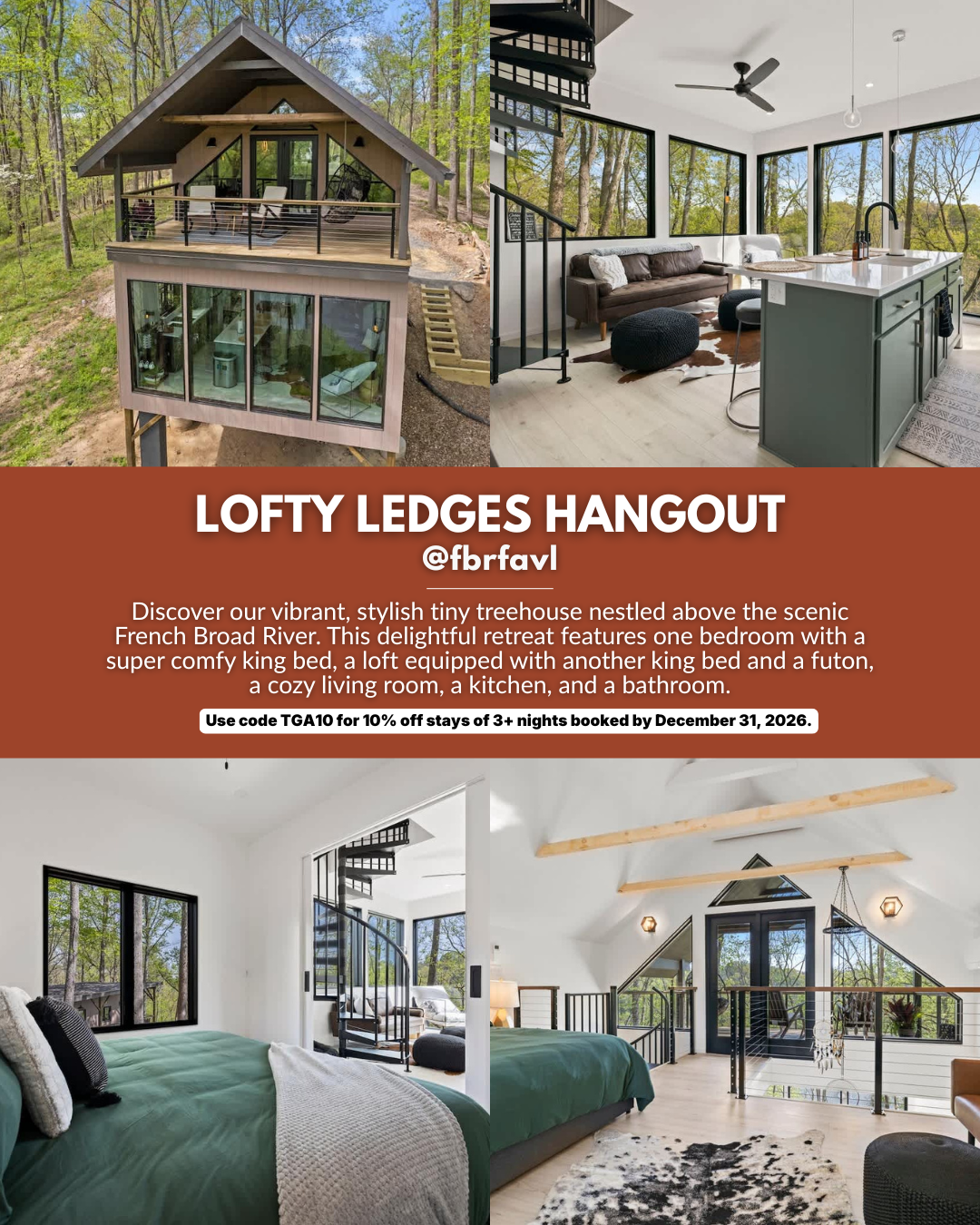 Stylish tiny treehouse above the French Broad River with scenic views and private firepit, featured in the 2026 Travel Guides Asheville luxury Airbnbs and vacation rentals guide.
