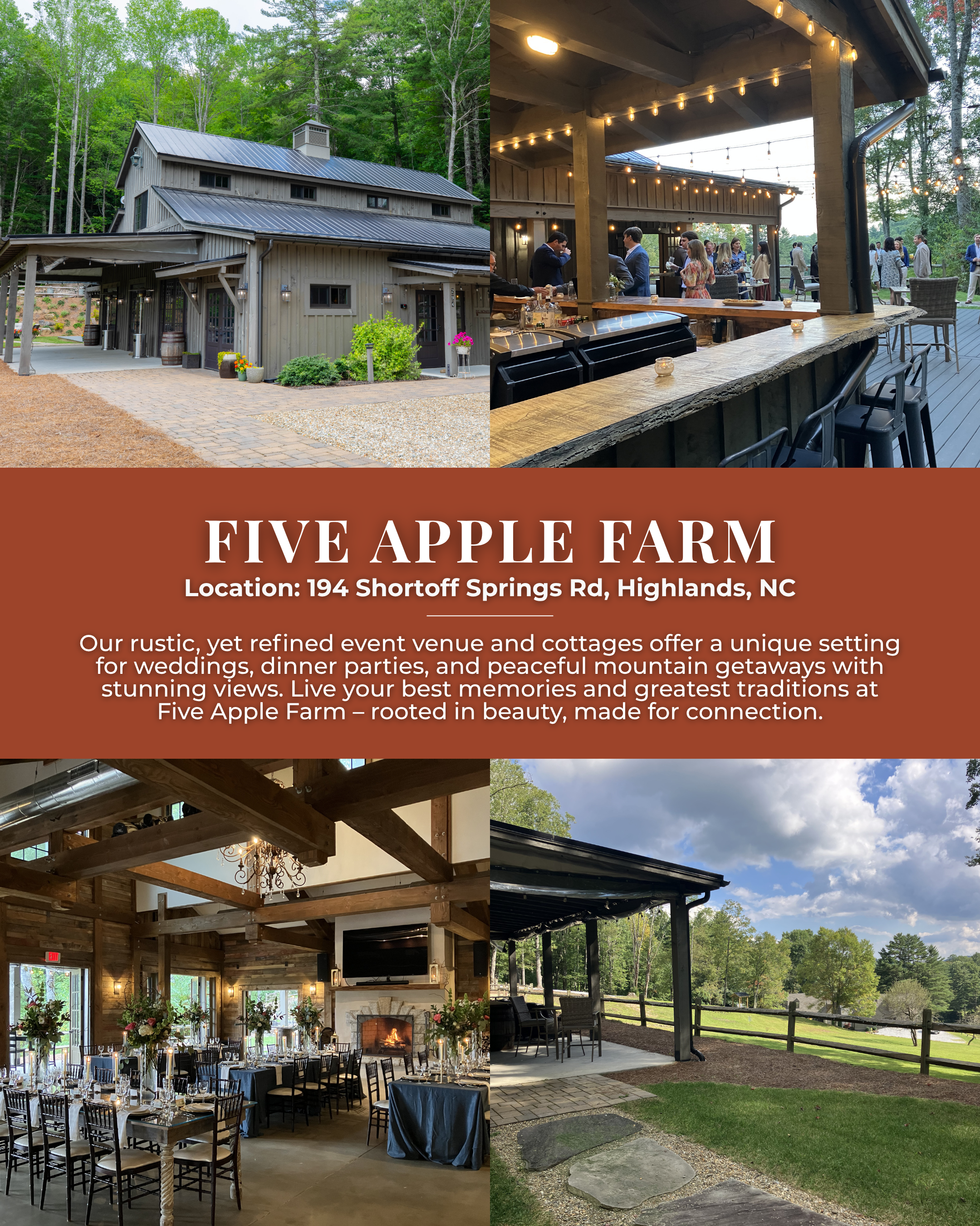Five Apple Farm wedding venue in Highlands North Carolina featuring rustic luxury barn reception space, outdoor bar, mountain views, and on-site cottages for weddings and events