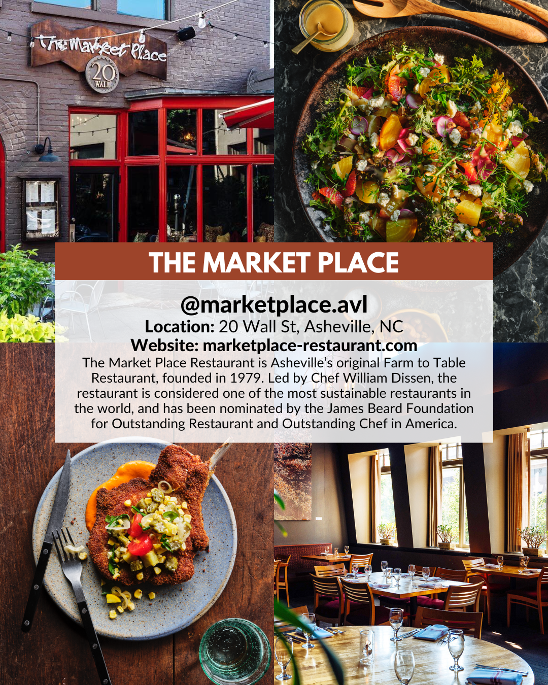 The Market Place Restaurant in Asheville, a James Beard–nominated farm-to-table restaurant known for sustainable dining and holiday gift cards.