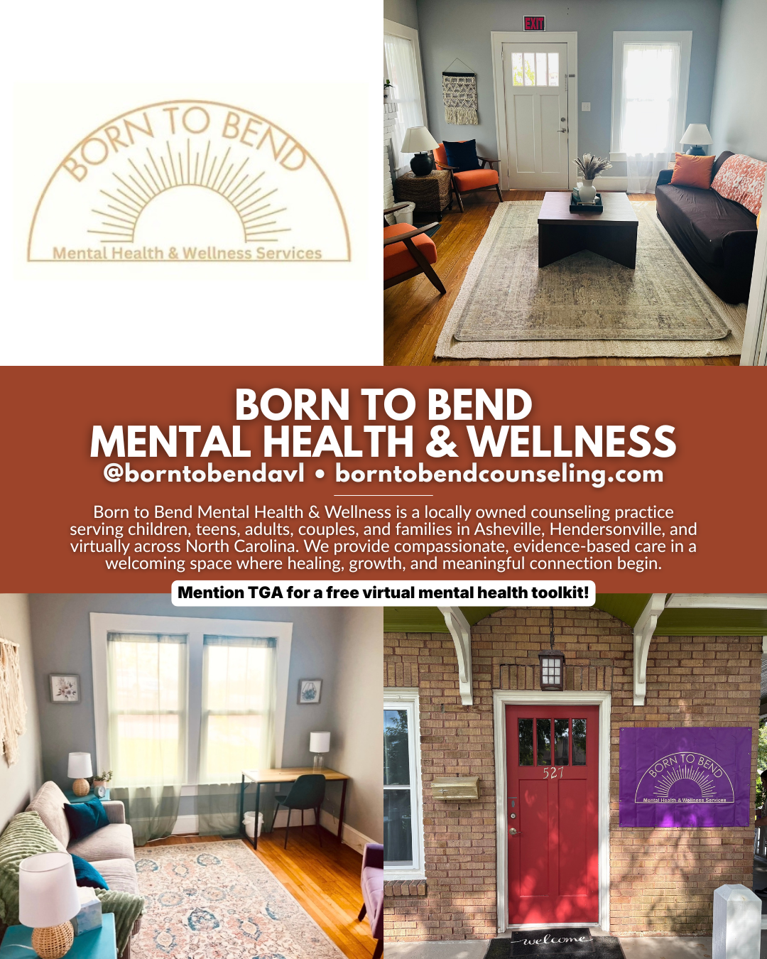 Born to Bend Mental Health & Wellness in Asheville, NC offering counseling and mental health services for children, teens, adults, couples, and families in Western North Carolina and virtually across North Carolina.
