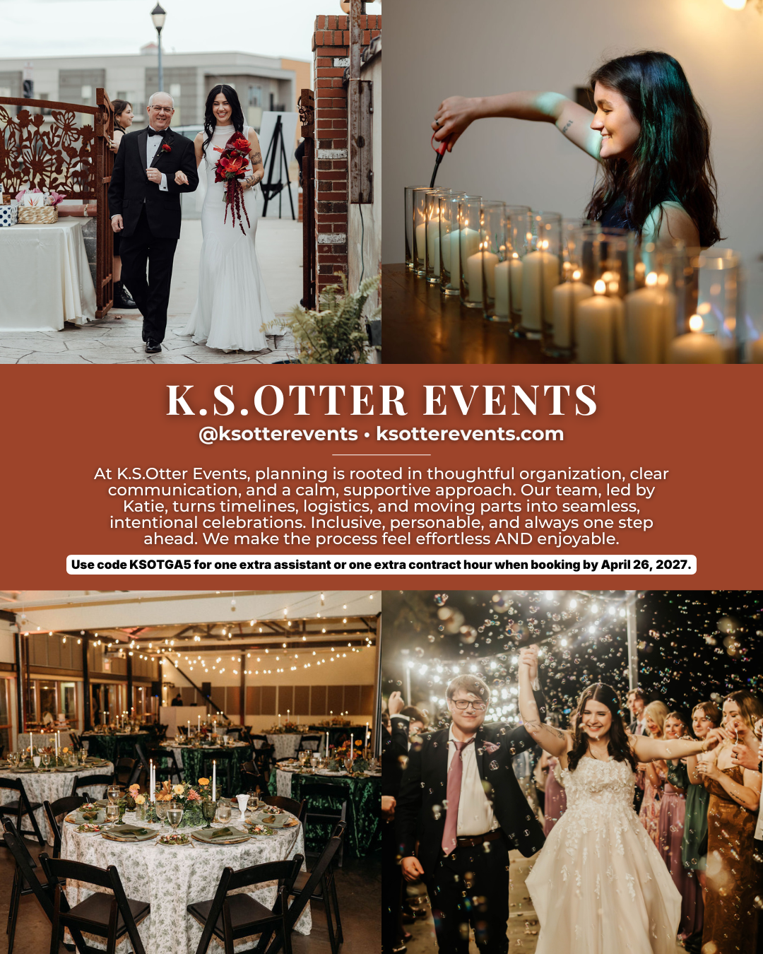 K.S.Otter Events, an Asheville wedding planner specializing in thoughtful wedding coordination, timelines, logistics, and seamless celebrations throughout Western North Carolina.