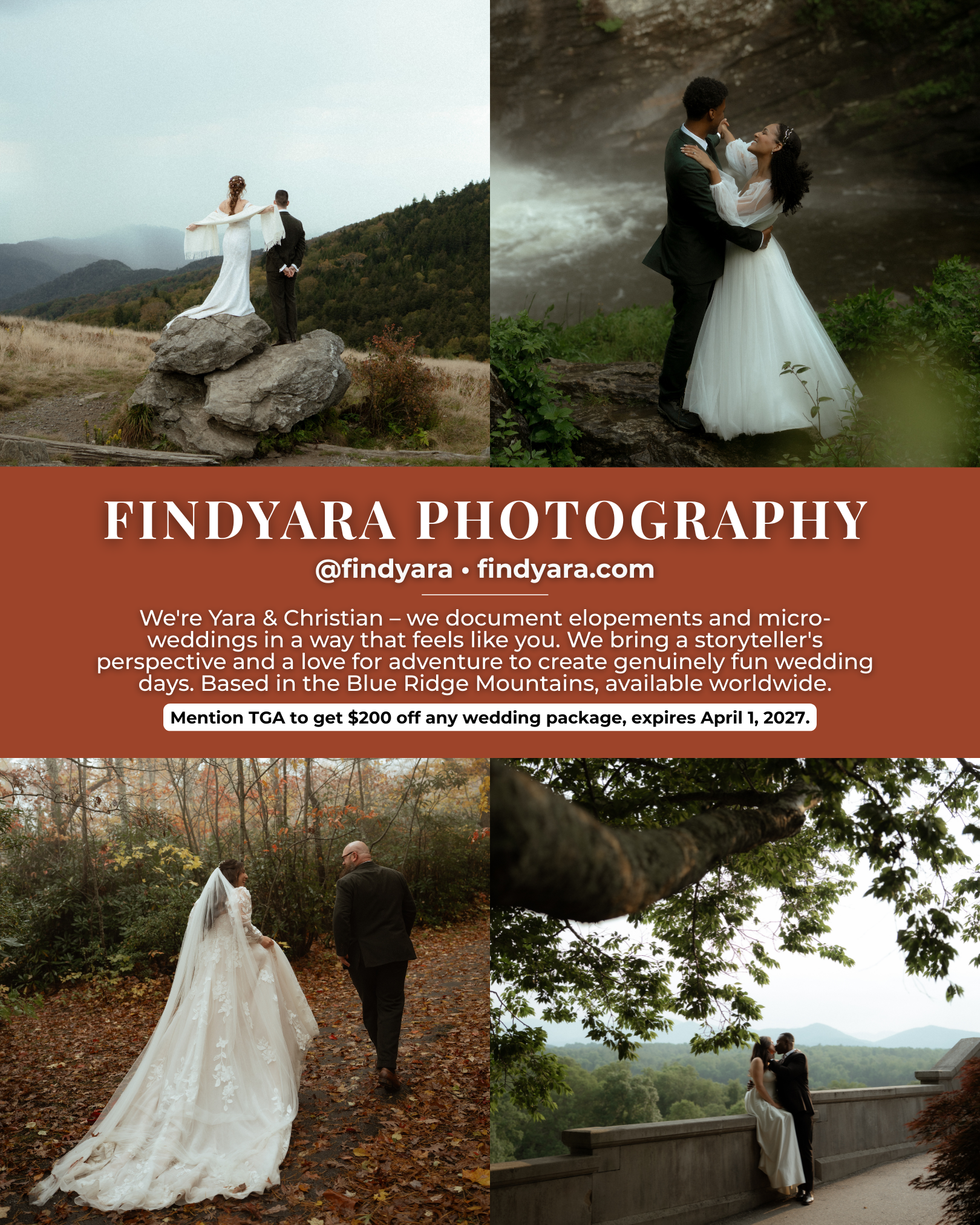 Findyara Photography, a Blue Ridge Mountain elopement and micro-wedding photographer specializing in adventurous wedding photography and storytelling-focused elopements.