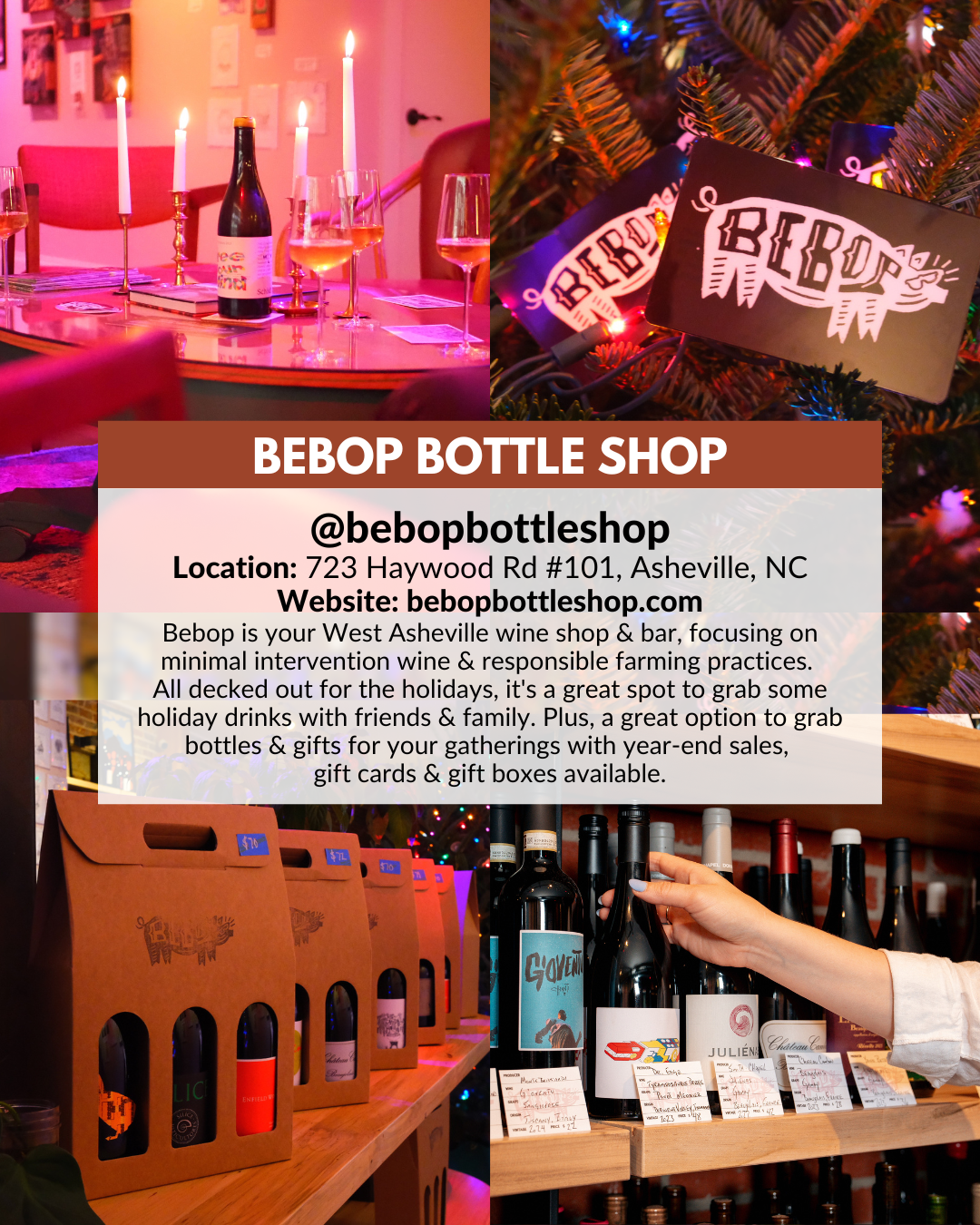 Bebop in West Asheville, a natural wine shop and bar offering minimal-intervention wines, holiday drinks, gift cards, and gift boxes.