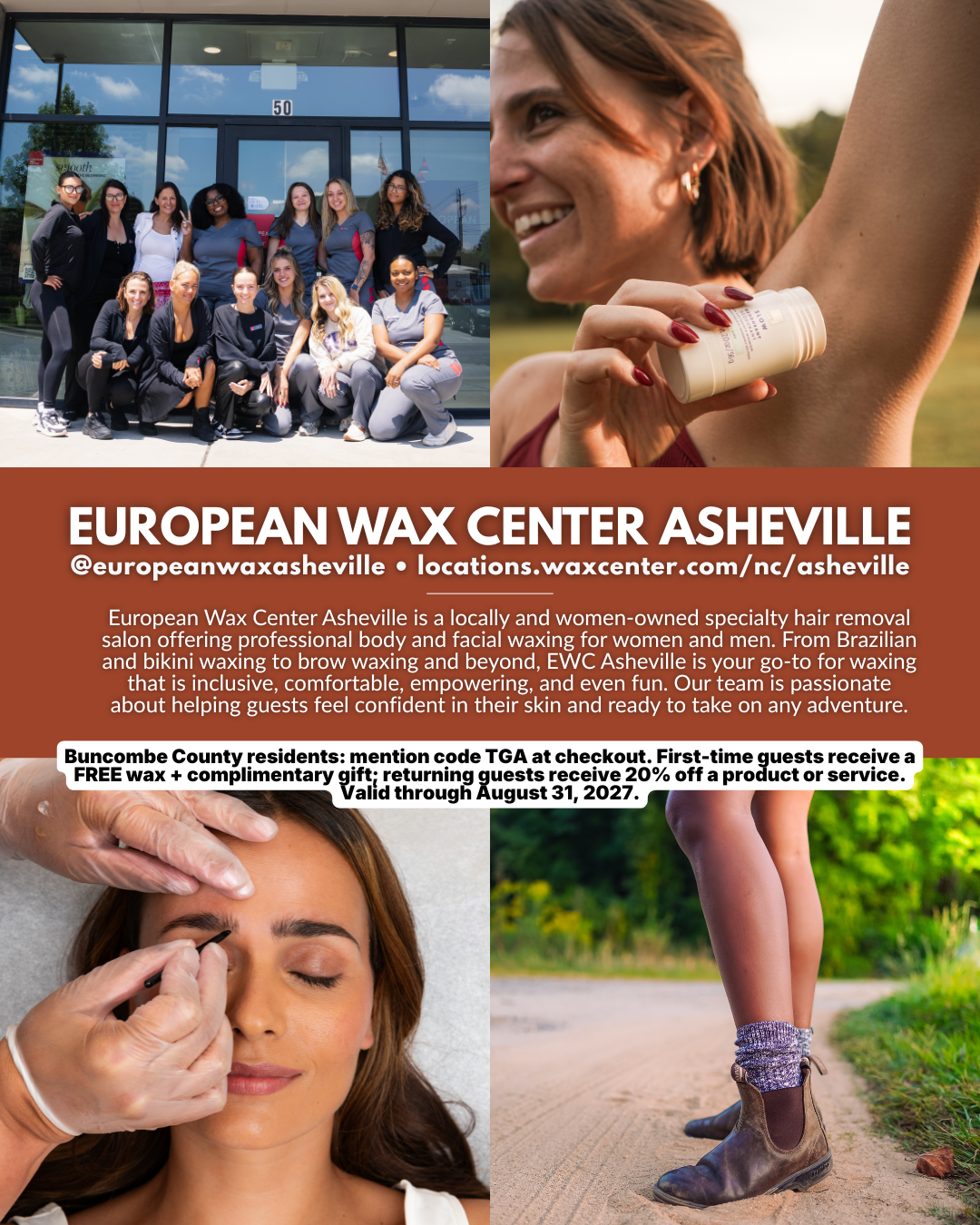European Wax Center Asheville, a waxing and hair removal salon in Asheville NC offering body waxing, facial waxing, Brazilian waxing, and brow waxing.