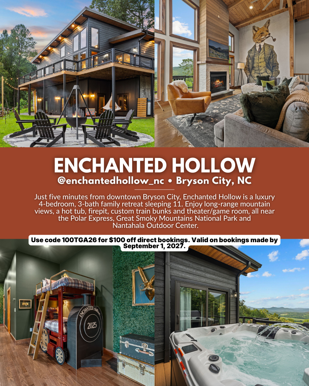 Enchanted Hollow family vacation rental with mountain views near downtown Bryson City, North Carolina