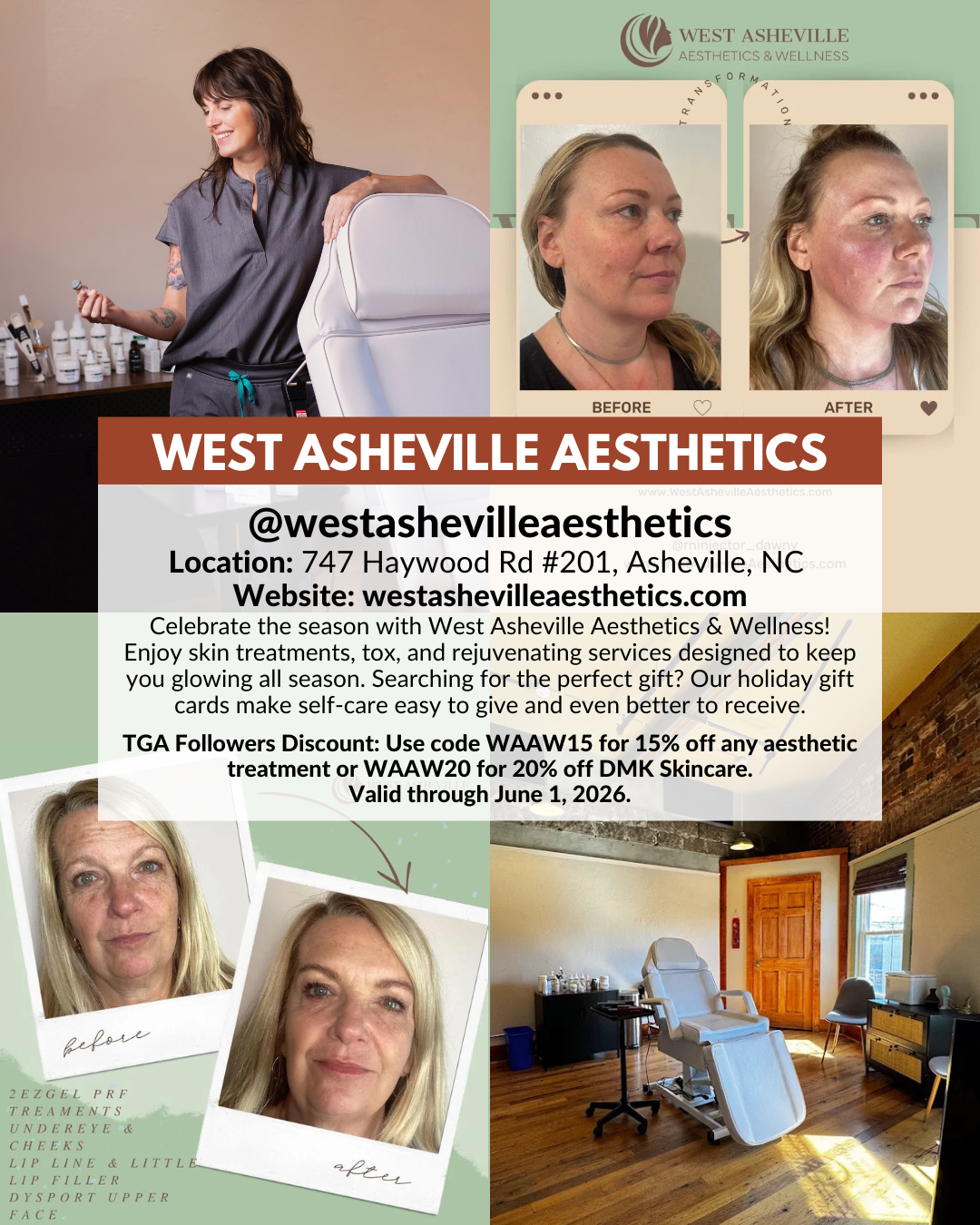 West Asheville Aesthetics & Wellness offering holistic skincare, injectables, massage, acupuncture, and wellness gift cards.