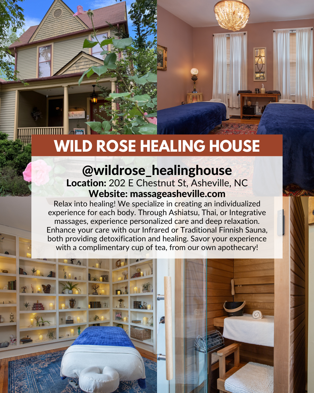Wild Rose Healing House in Asheville offering integrative massage, Thai and Ashiatsu therapies, saunas, and holiday wellness gift cards.