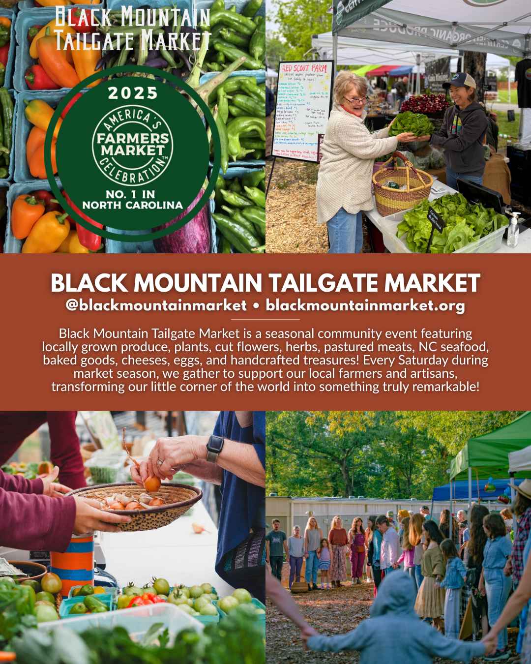 Black Mountain Tailgate Market, a North Carolina farmers market featuring local produce, flowers, meats, seafood, baked goods, cheese, eggs, and handmade goods.