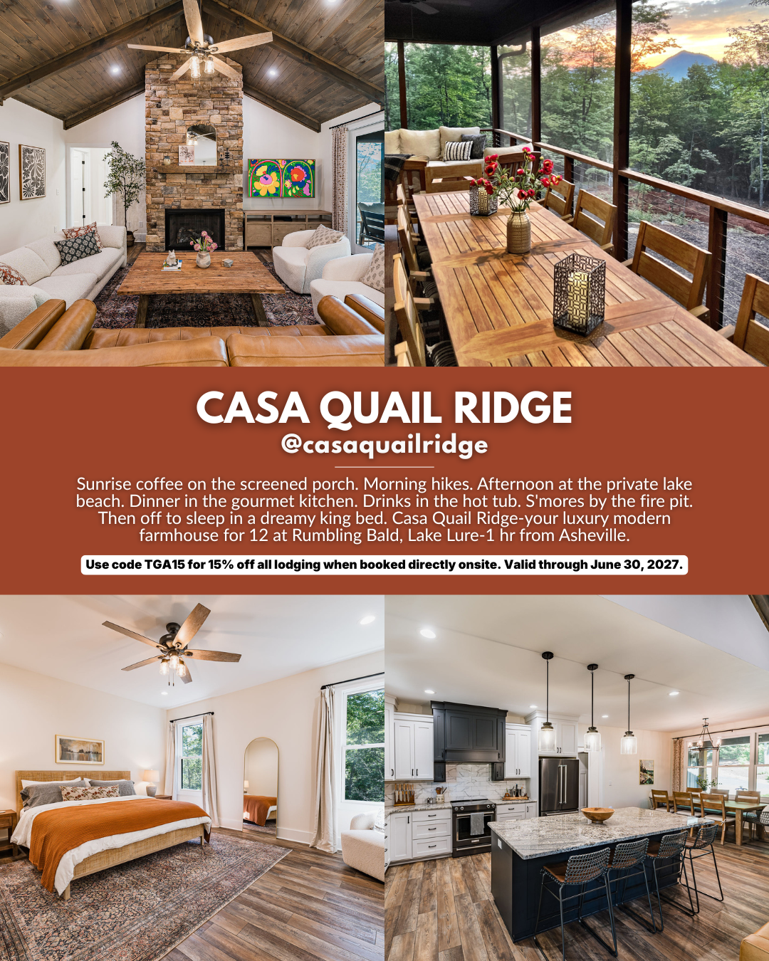 Casa Quail Ridge luxury modern farmhouse at Rumbling Bald Resort on Lake Lure, featured in the 2026 Travel Guides Asheville luxury Airbnbs and vacation rentals guide.