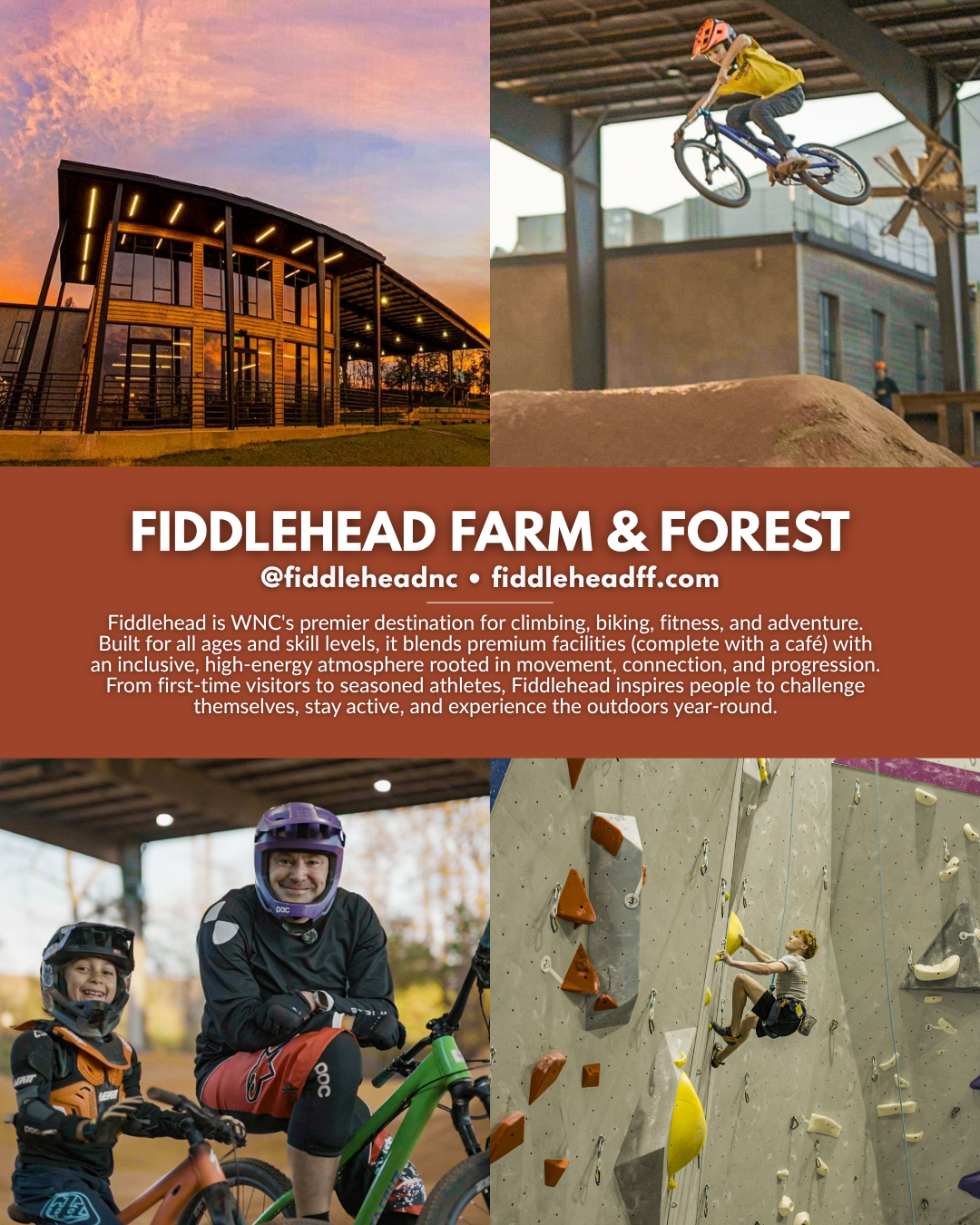 Fiddlehead Farm and Forest near Asheville NC, a family-friendly adventure park with climbing, mountain biking, fitness, a café, and outdoor activities in Western North Carolina.