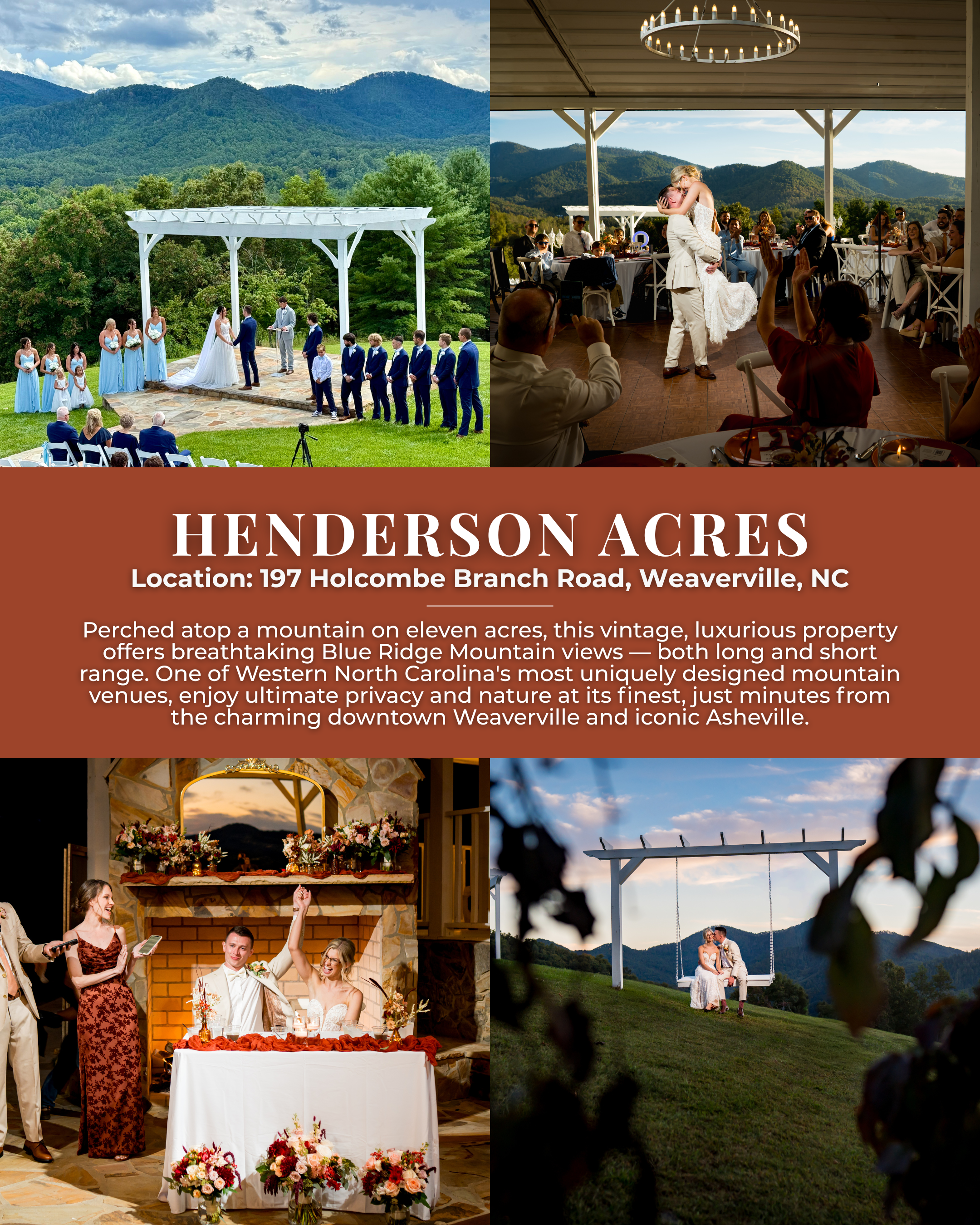 Henderson Acres wedding venue in Weaverville North Carolina featuring Blue Ridge Mountain views, luxury outdoor ceremony space, and scenic reception setting near Asheville