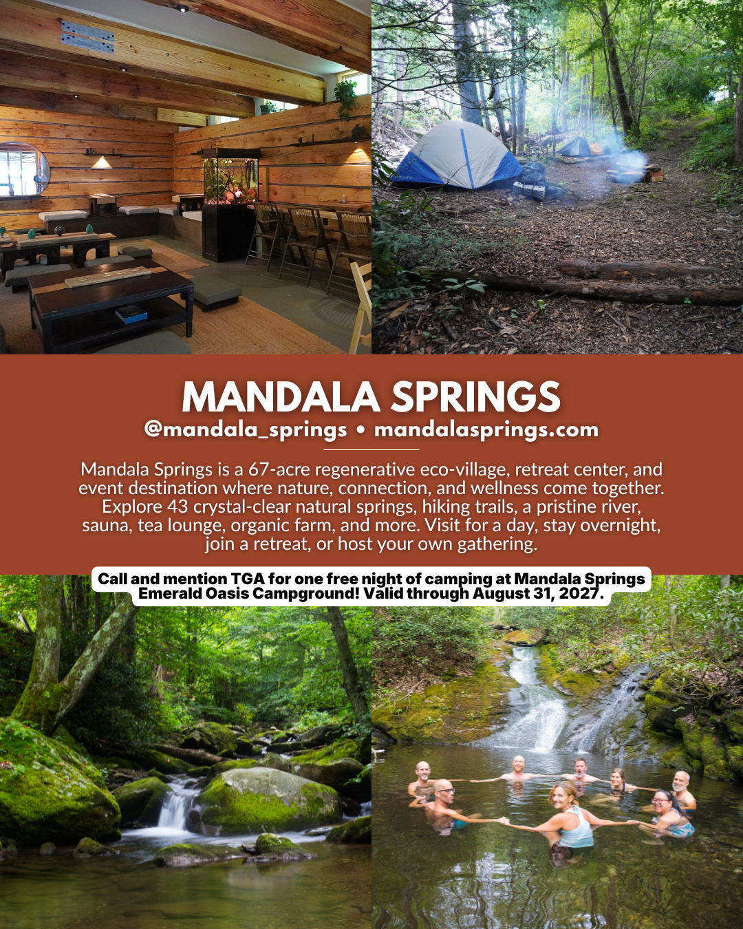Mandala Springs, a Western North Carolina eco-retreat and campground with natural springs, hiking trails, retreats, camping, sauna, and river access.